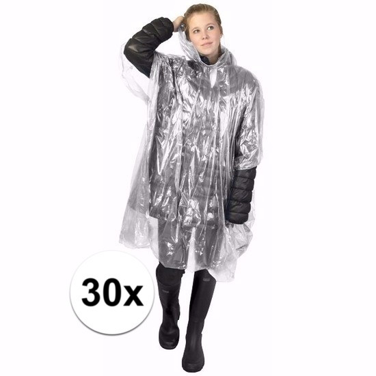 Wegwerp regenponcho - 30x - transparant - voor volwassenen - met capuchon - budget line