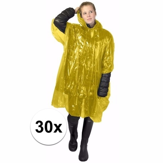 Wegwerp regenponcho - 30x - geel - voor volwassenen - met capuchon - budget line