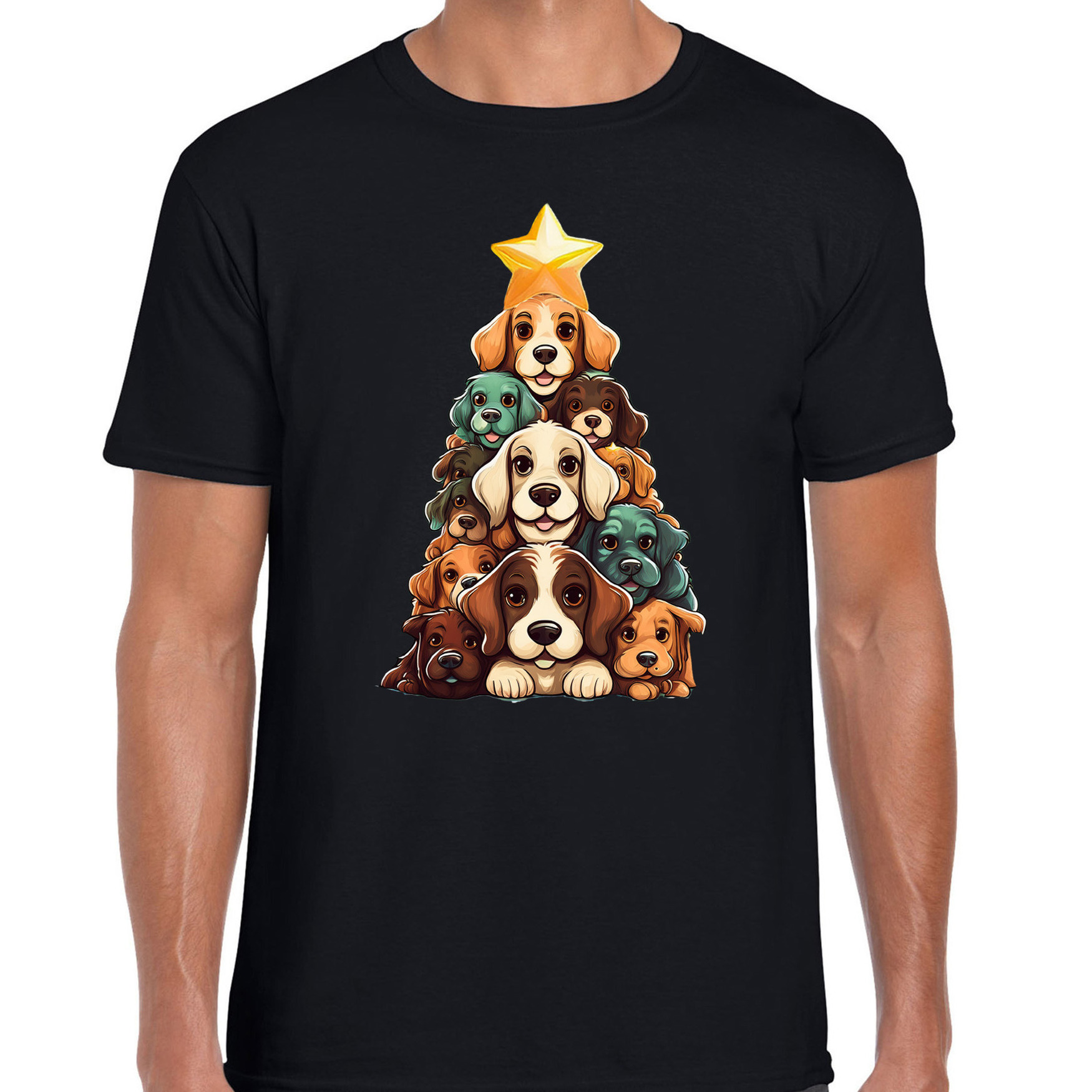 Kerst T-shirt voor heren - kerstboom van hondjes - zwart - kersthondjes - Kerstmis
