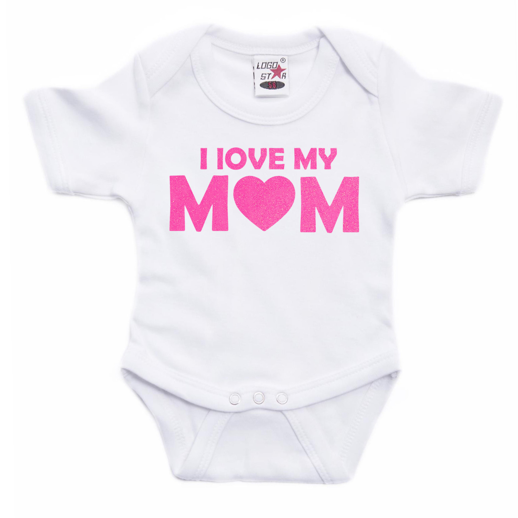 Baby rompertje - i love my mom - roze - glitter - kraam cadeau