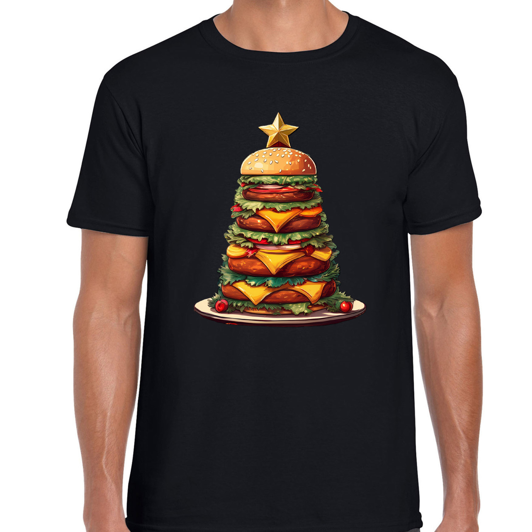 Kerst T-shirt voor heren - kerstboom van hamburgers - zwart - burgerfan - Merry Christmas