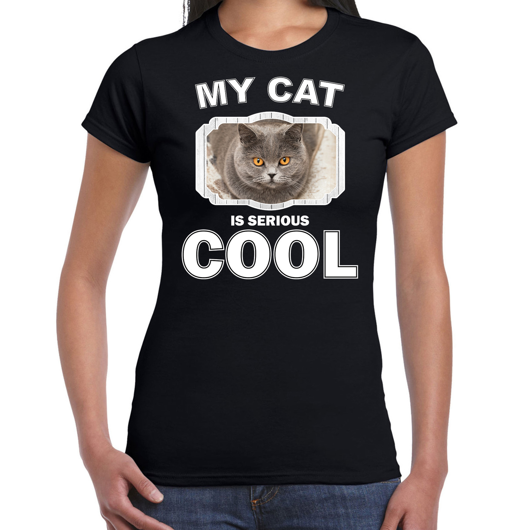 Britse korthaar katten / poezen t-shirt my cat is serious cool zwart voor dames