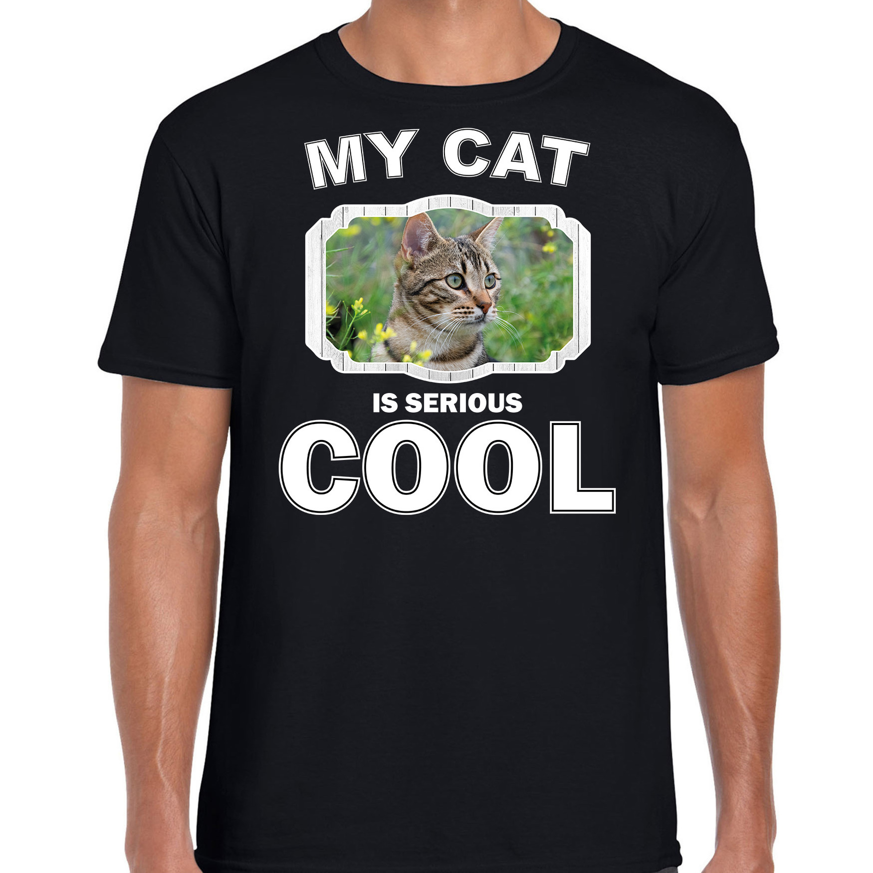 Bruine kat katten / poezen t-shirt my cat is serious cool zwart voor heren