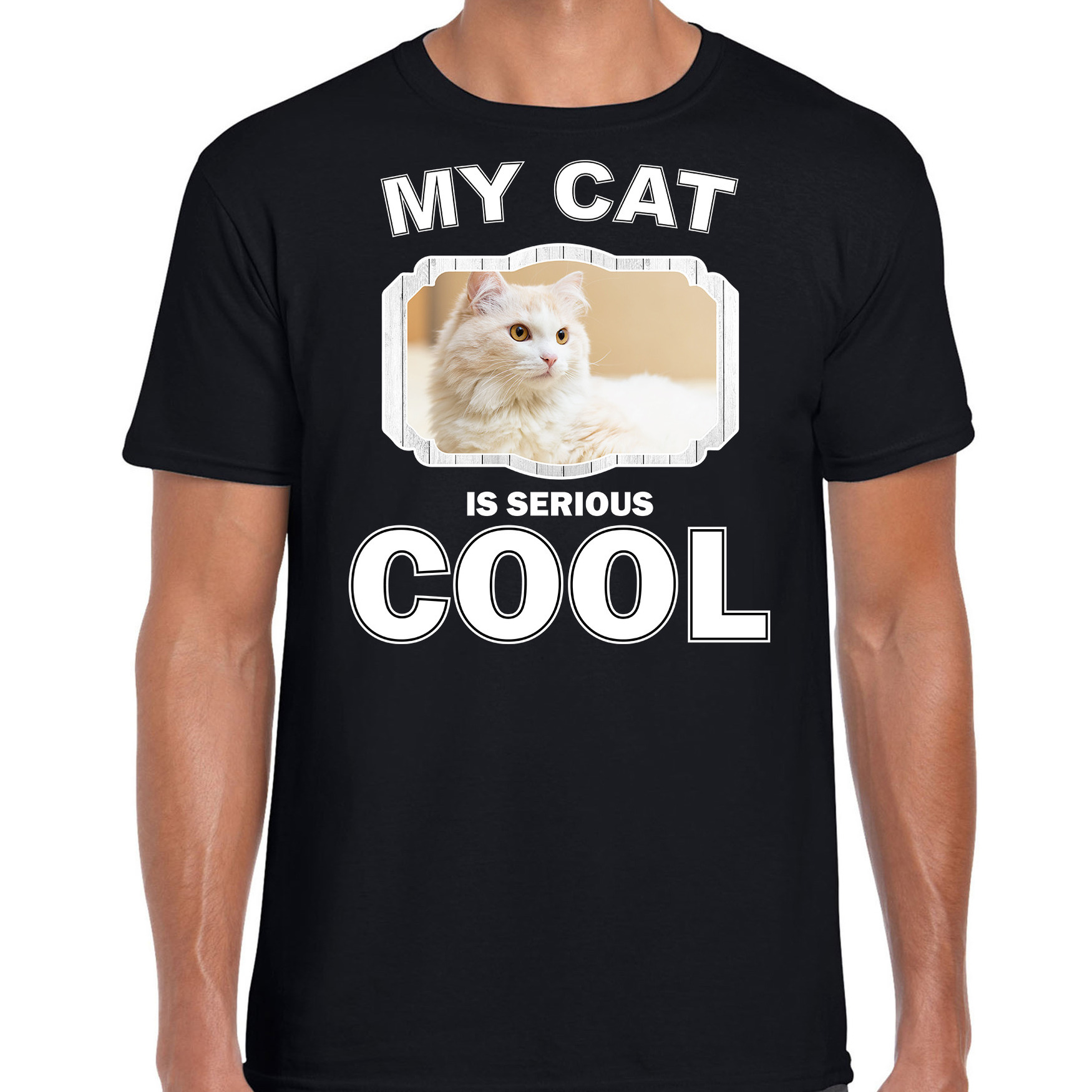 Witte kat katten / poezen t-shirt my cat is serious cool zwart voor heren