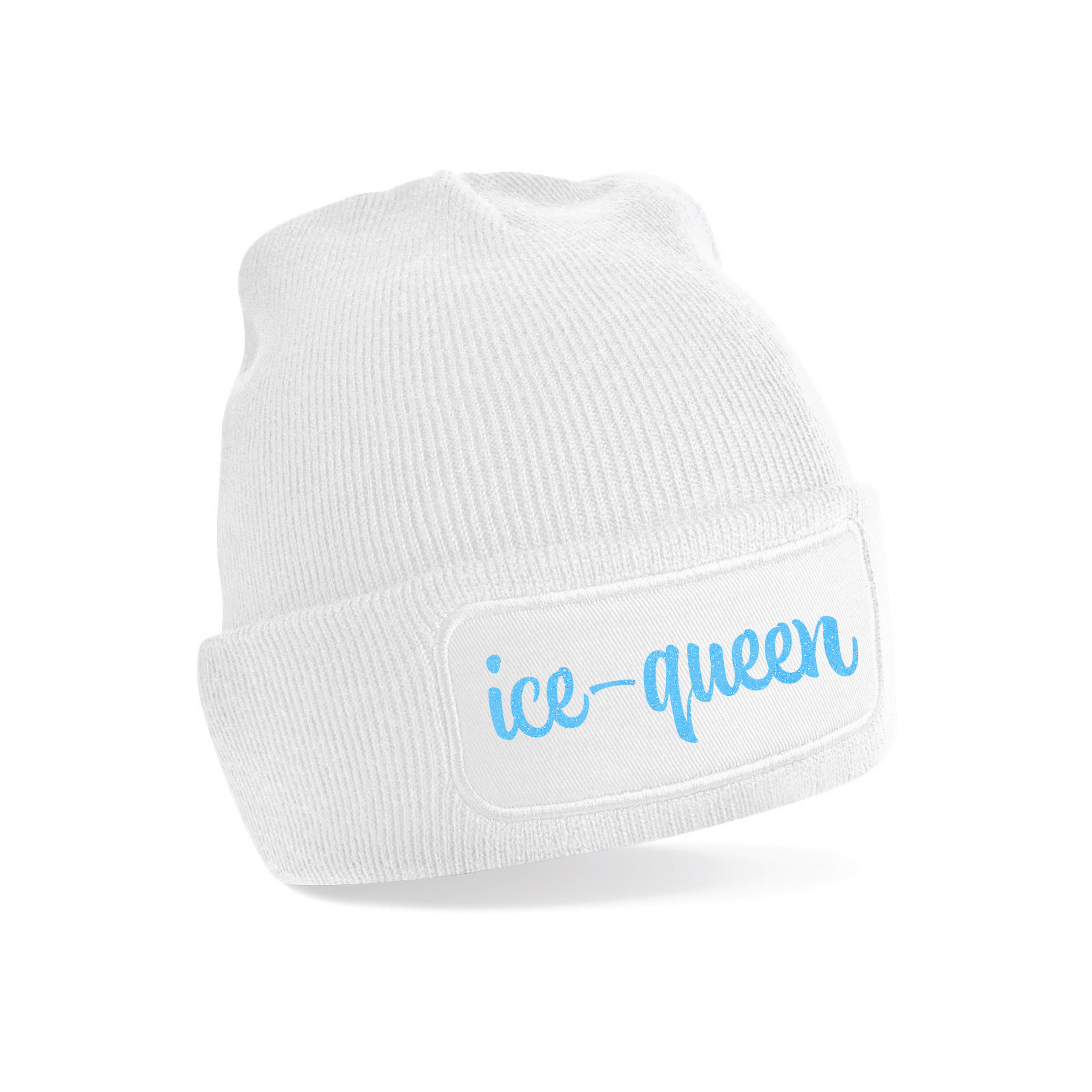 Wintersport muts voor volwassenen - Ice Queen - wit - blauwe glitters - one size - Apres ski beani