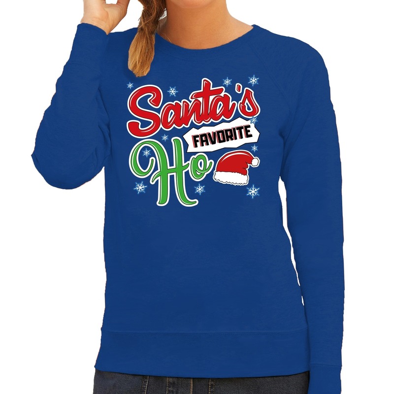Foute Kersttrui - sweater - Santa his favorite Ho - blauw - voor dames - kerstkleding