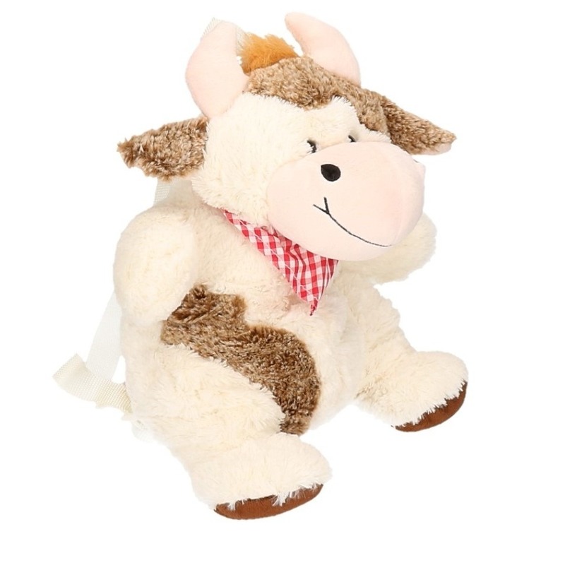 Pluche koeien rugtas - knuffelkoeien tas - 20 x 36 cm - wit/creme - speelgoedtas