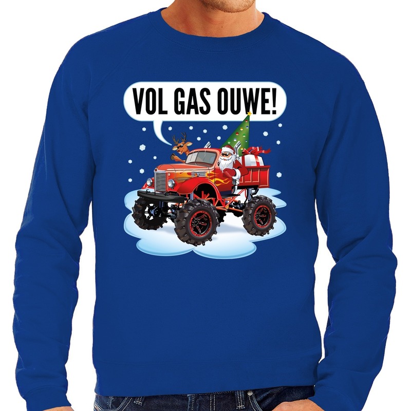 Foute Kersttrui - monstertruck santa - blauw - heren - sweater - kerstborrel kantoor