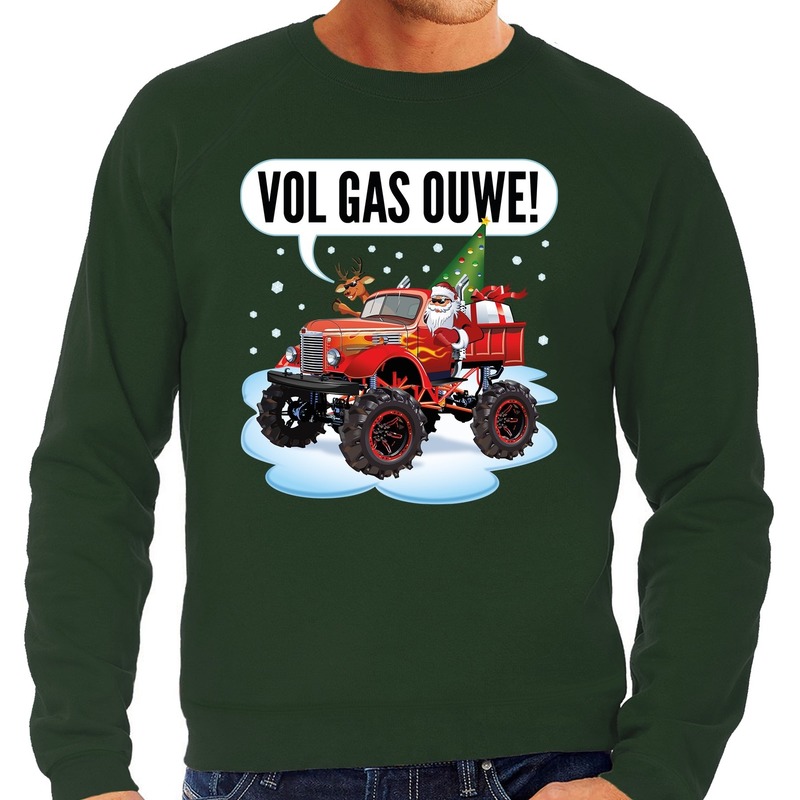 Foute Kersttrui - monstertruck santa - groen - heren - sweater - kerstborrel kantoor