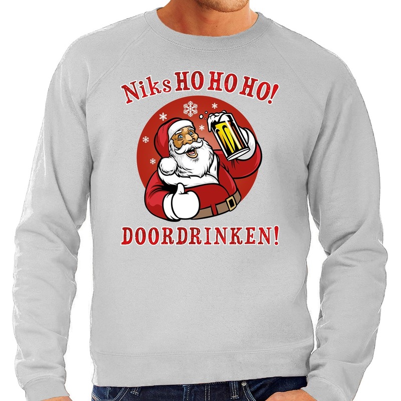Foute Kersttrui - Bier drinkende kerstman - grijs - voor heren - HO HO HO Doordrinken