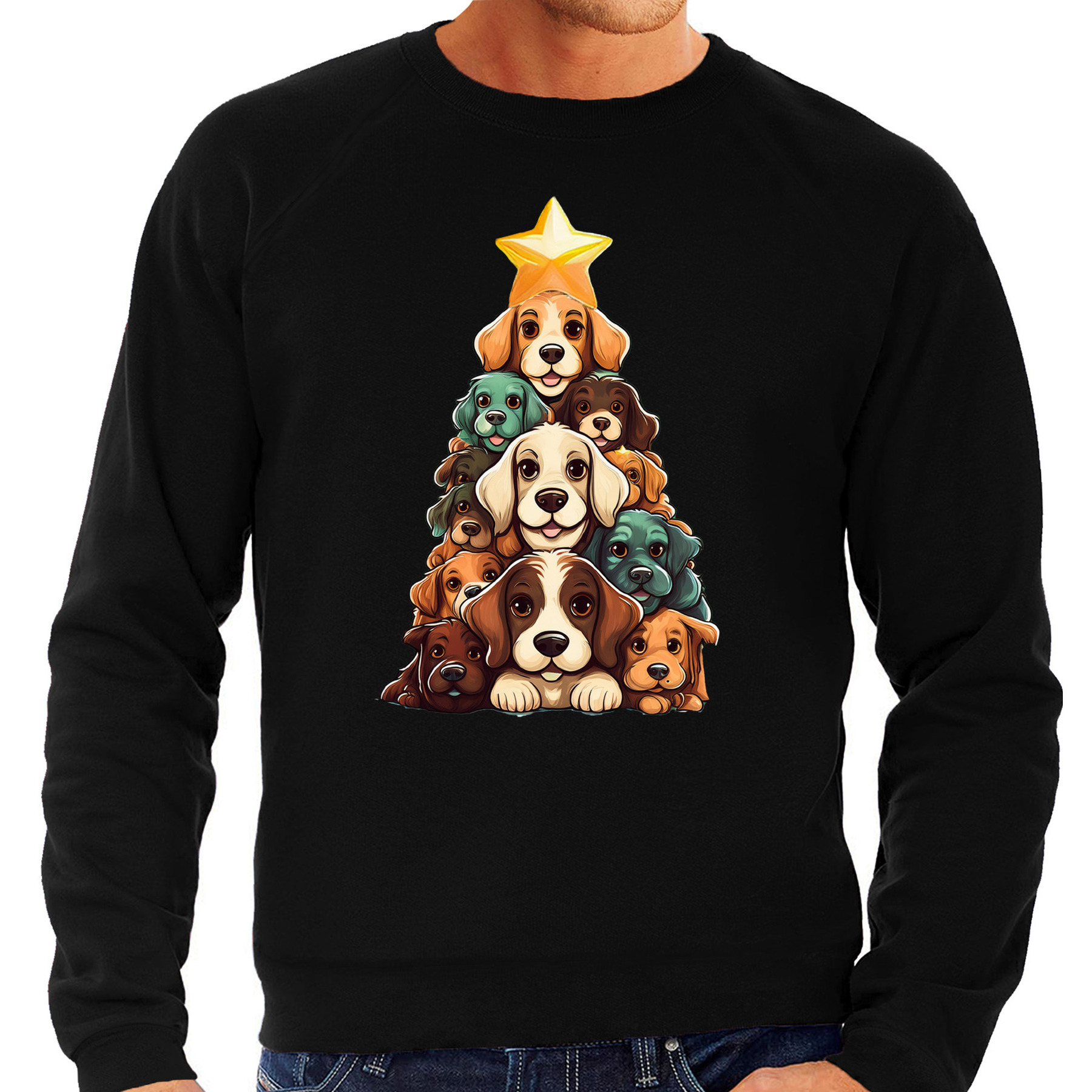 Kerst trui / sweater heren - kerstboom van hondjes - zwart - kersthondjes - Kerstmis