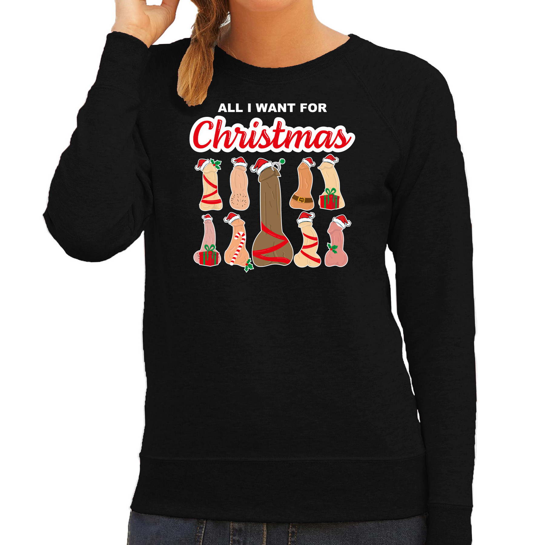 Foute kersttrui - sweater - dames - All I want for Christmas - piemels - zwart