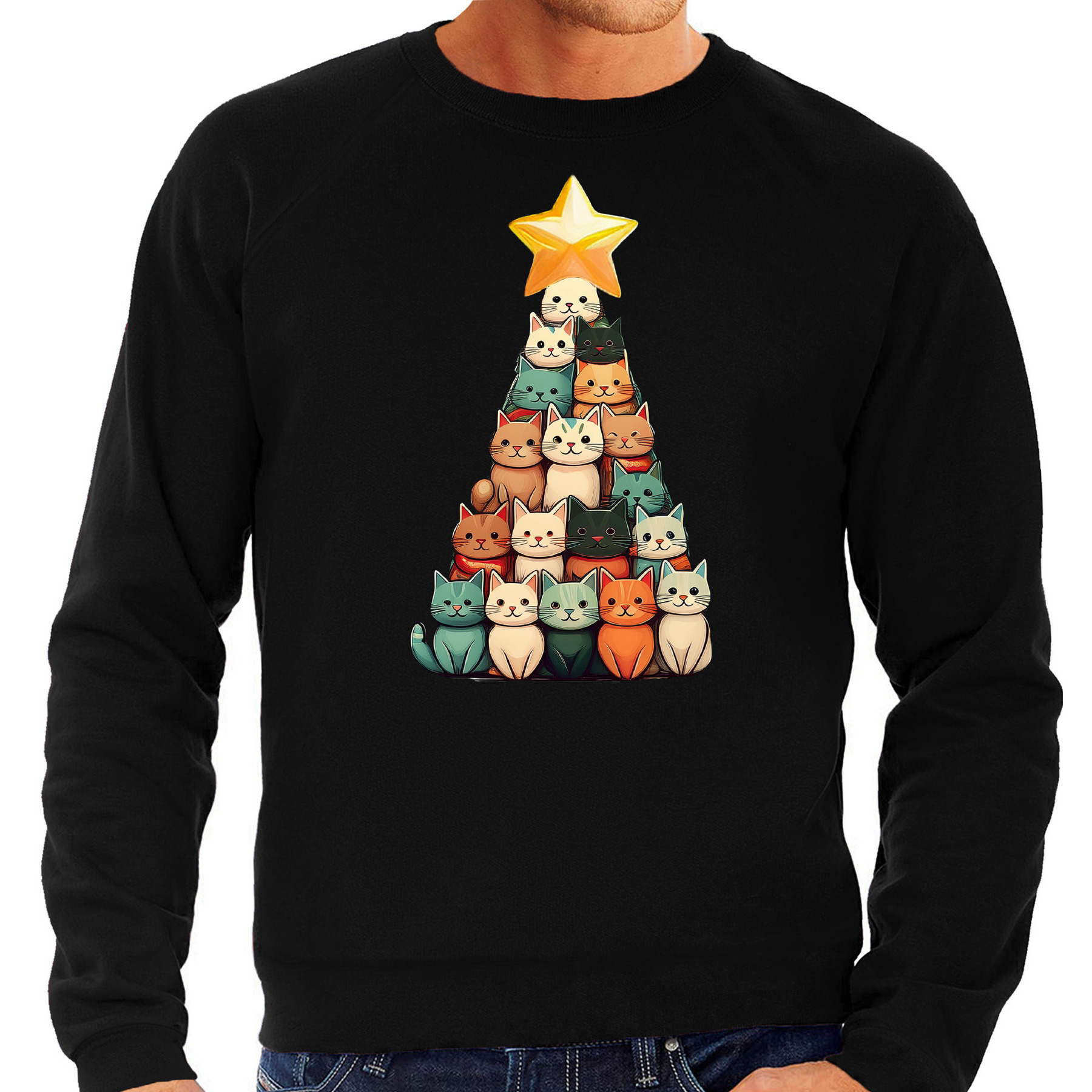 Kerst trui / sweater voor heren - kerstboom van katjes - zwart - kerstkatjes - Kerstmis