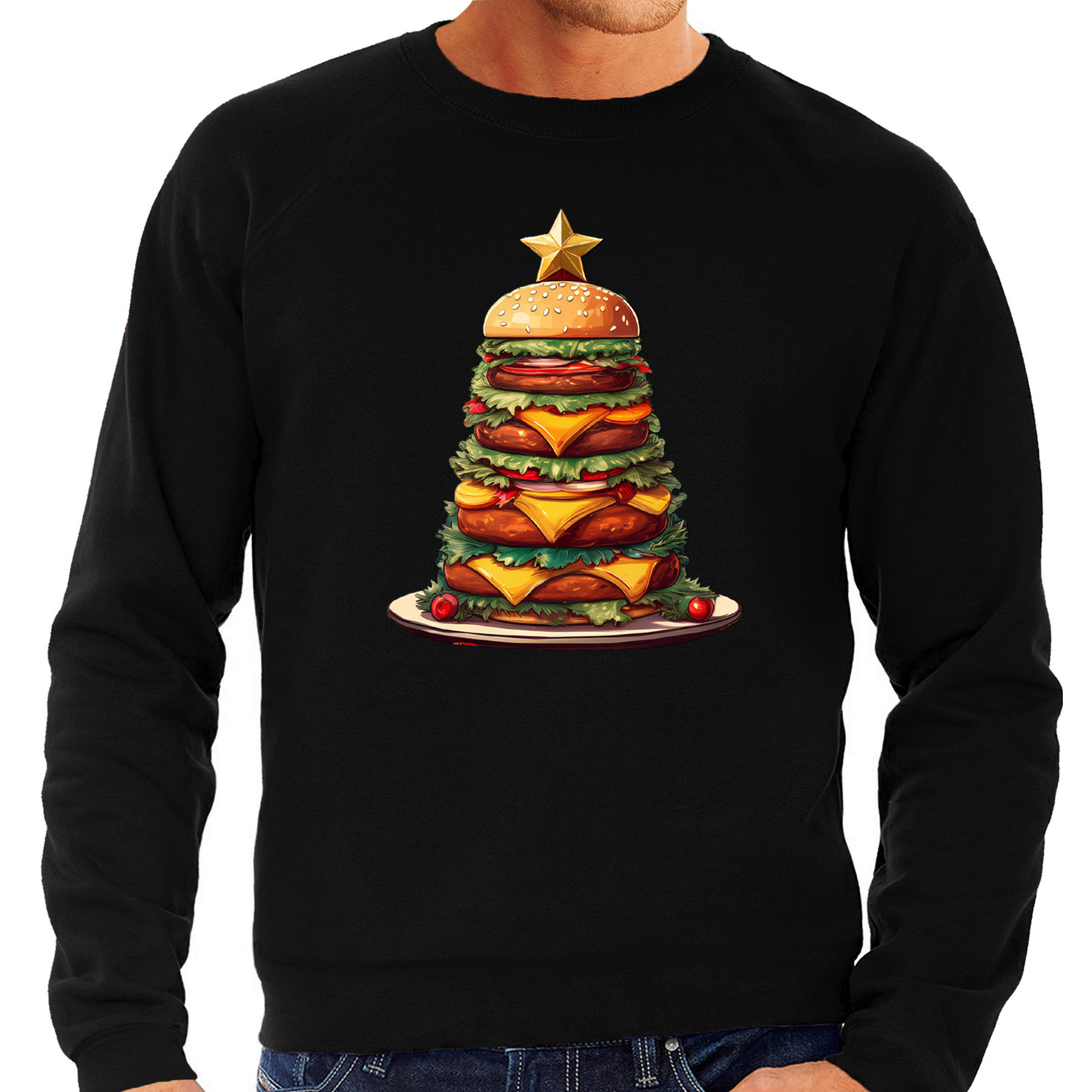 Kerst trui / sweater voor heren - kerstboom van hamburgers - zwart - fastfood liefhebber - Kerstmis