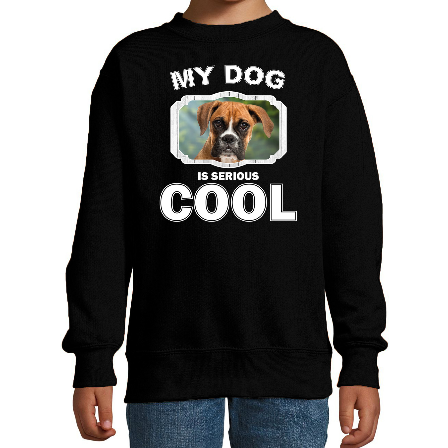 Boxer honden trui / sweater my dog is serious cool zwart voor kinderen