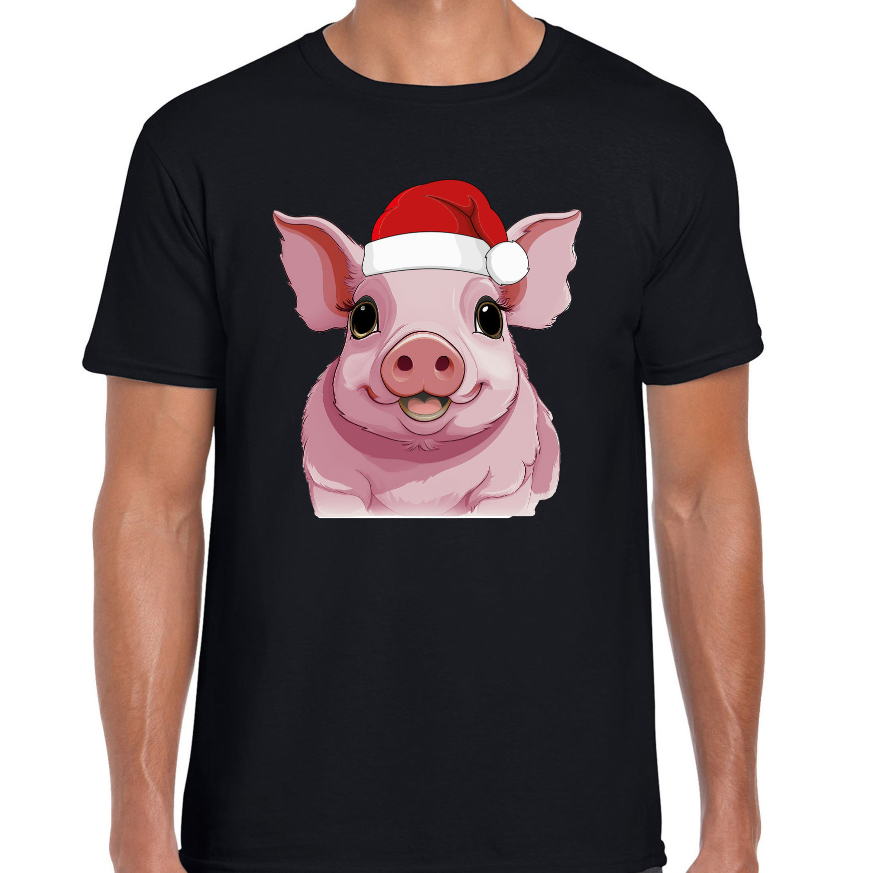 Kerst T-shirt voor heren - roze - varken met kerstmuts - zwart - Kerstfeest