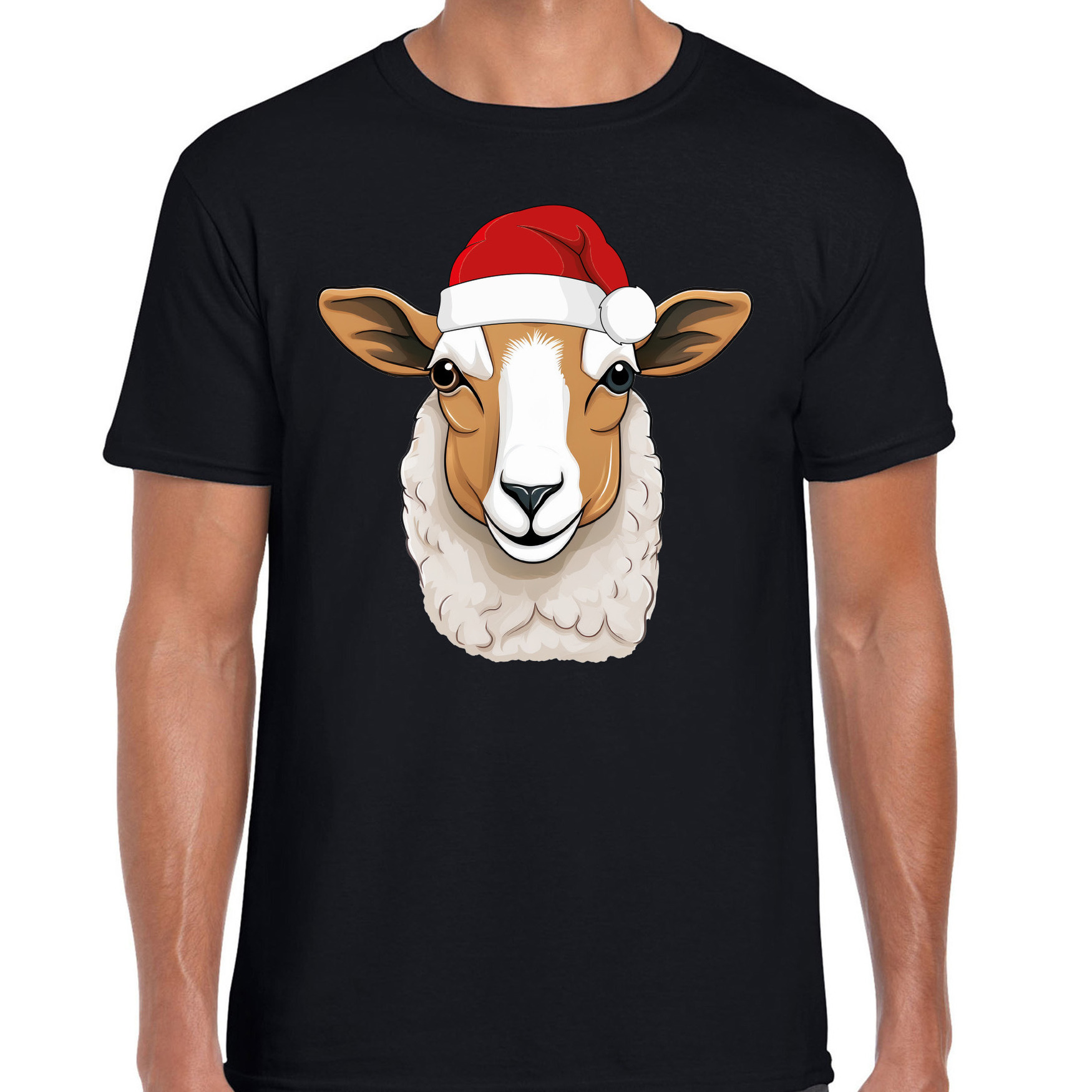 Kerst T-shirt voor heren - schaap met kerstmuts - zwart - Kerstfeest