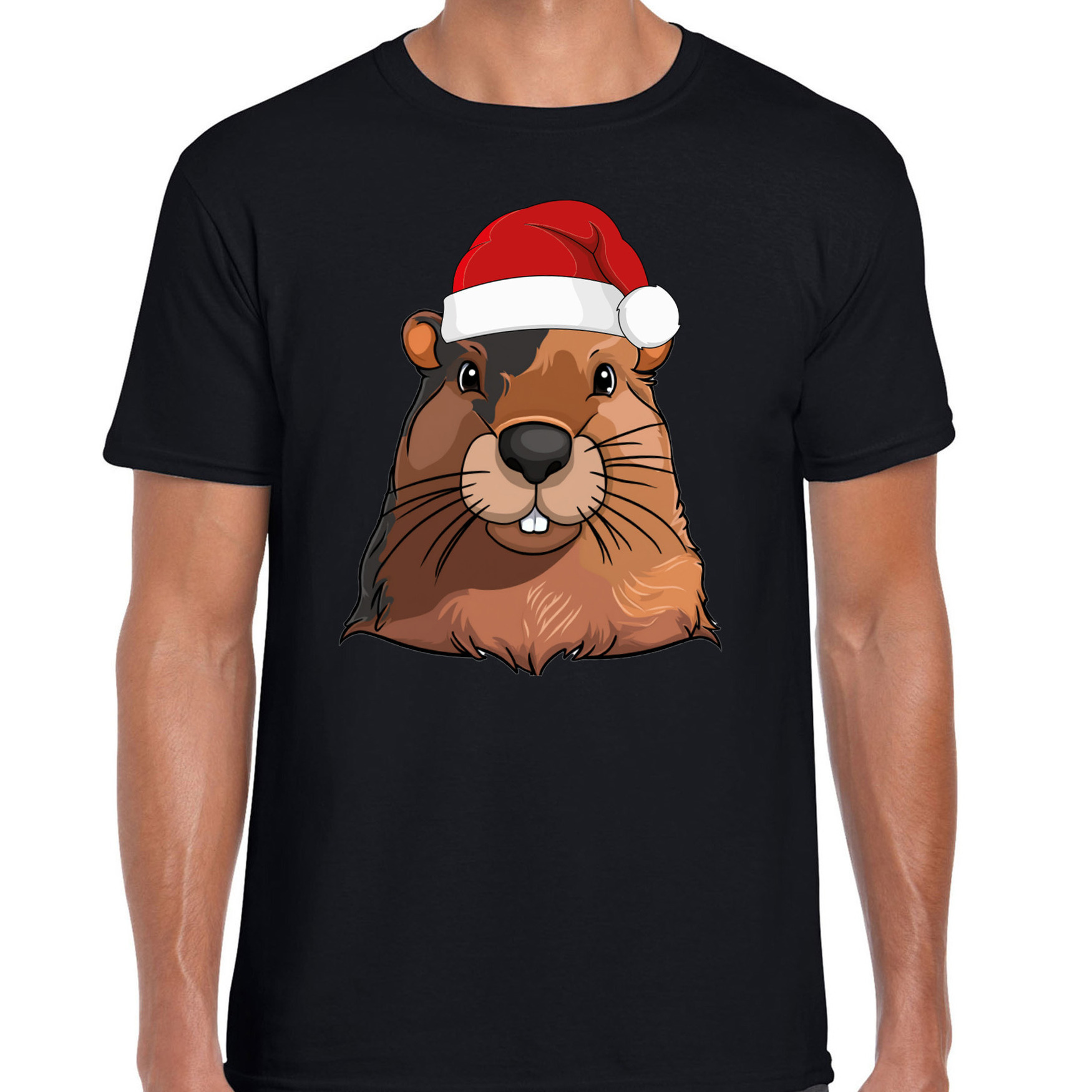 Kerst T-shirt voor heren - (familie) Bever met kerstmuts - zwart - Kerstfeest