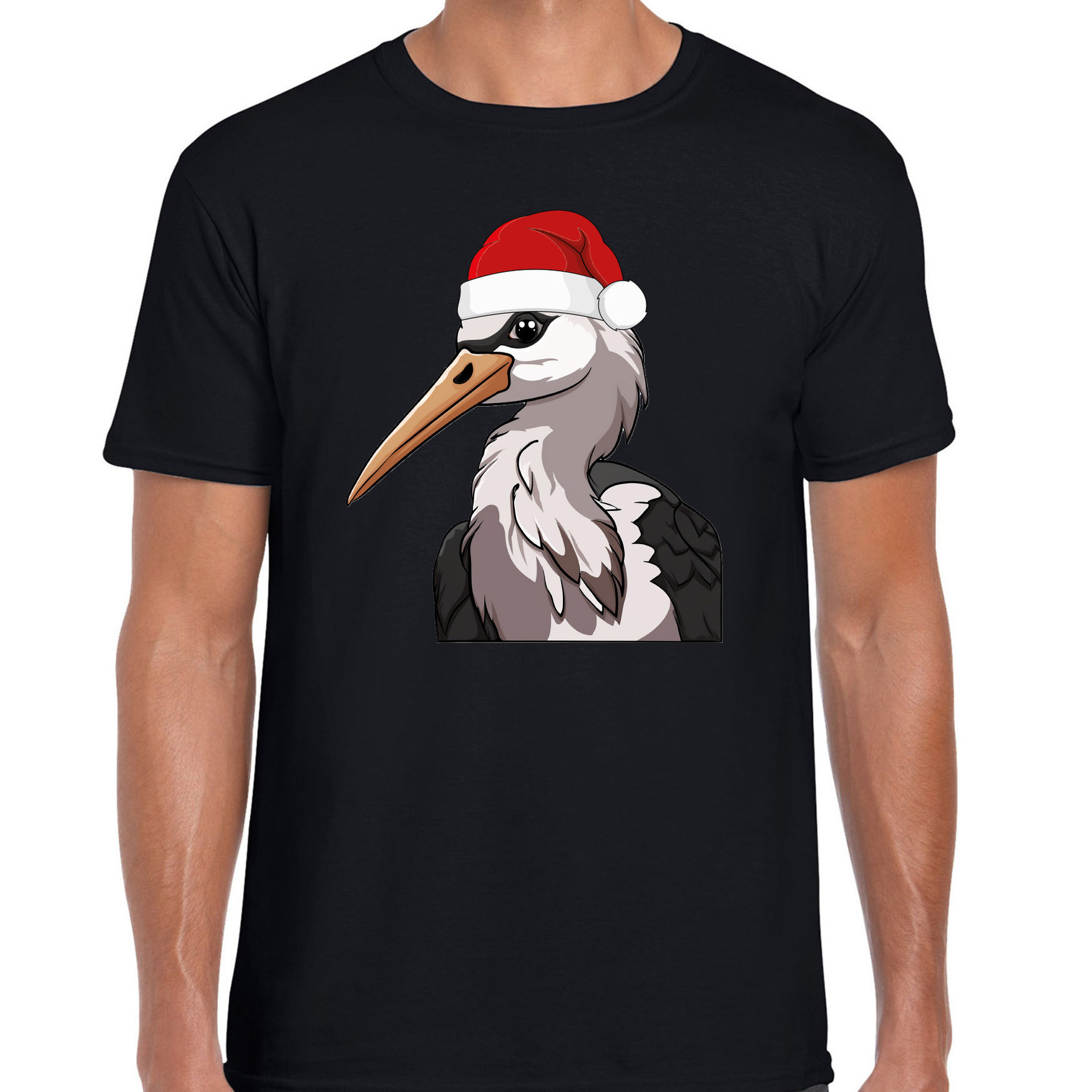 Kerst T-shirt voor heren - (familie) Ooievaar met kerstmuts - zwart - Kerstfeest