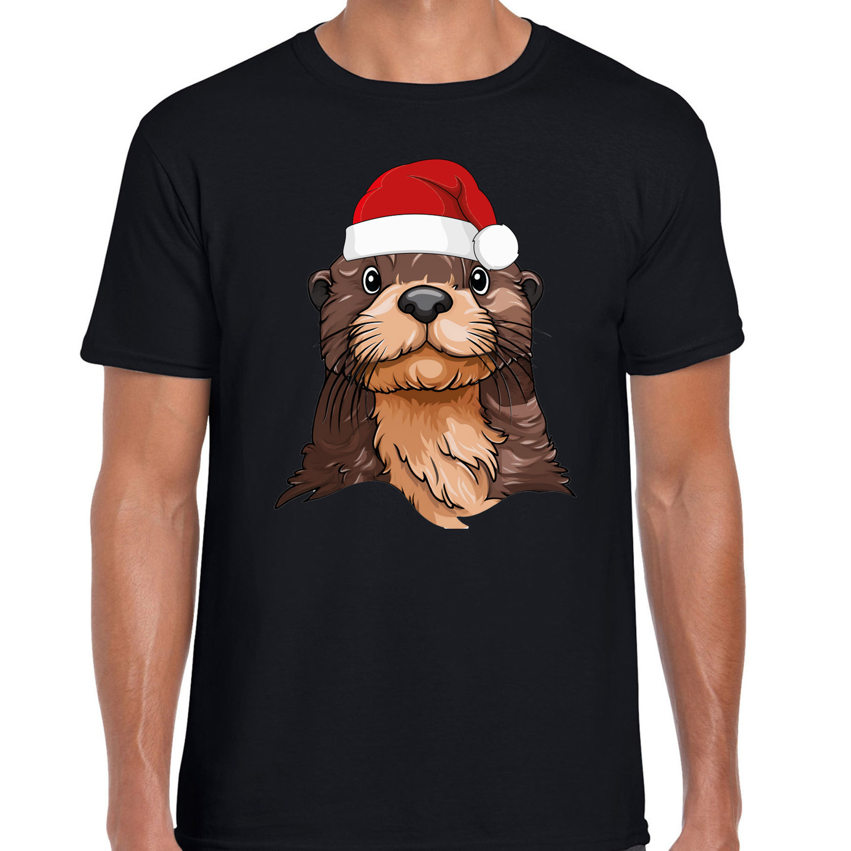 Kerst T-shirt voor heren - (familie) Otter met kerstmuts - zwart - Kerstfeest
