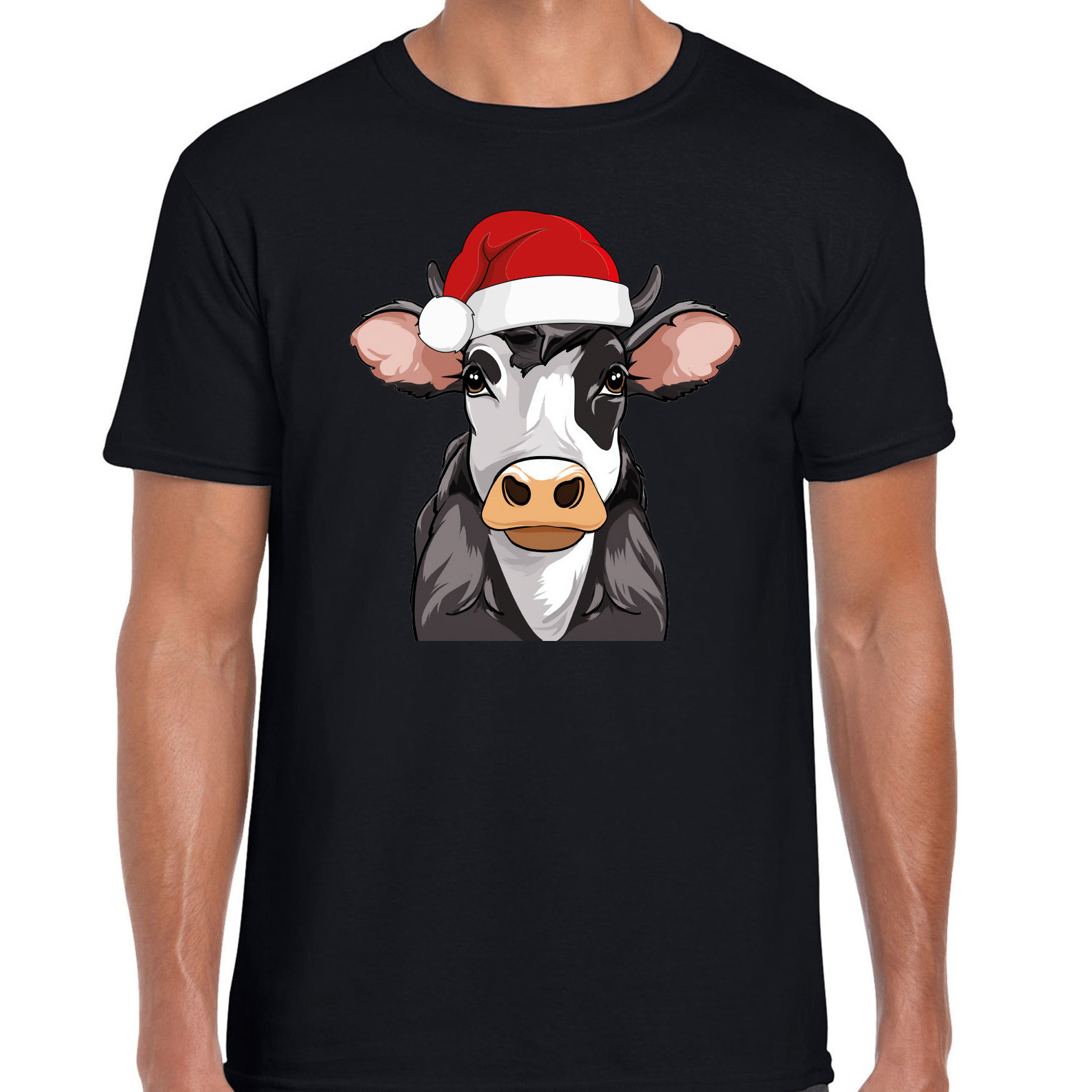 Kerst T-shirt voor heren - koe met kerstmuts - zwart - Kerstfeest