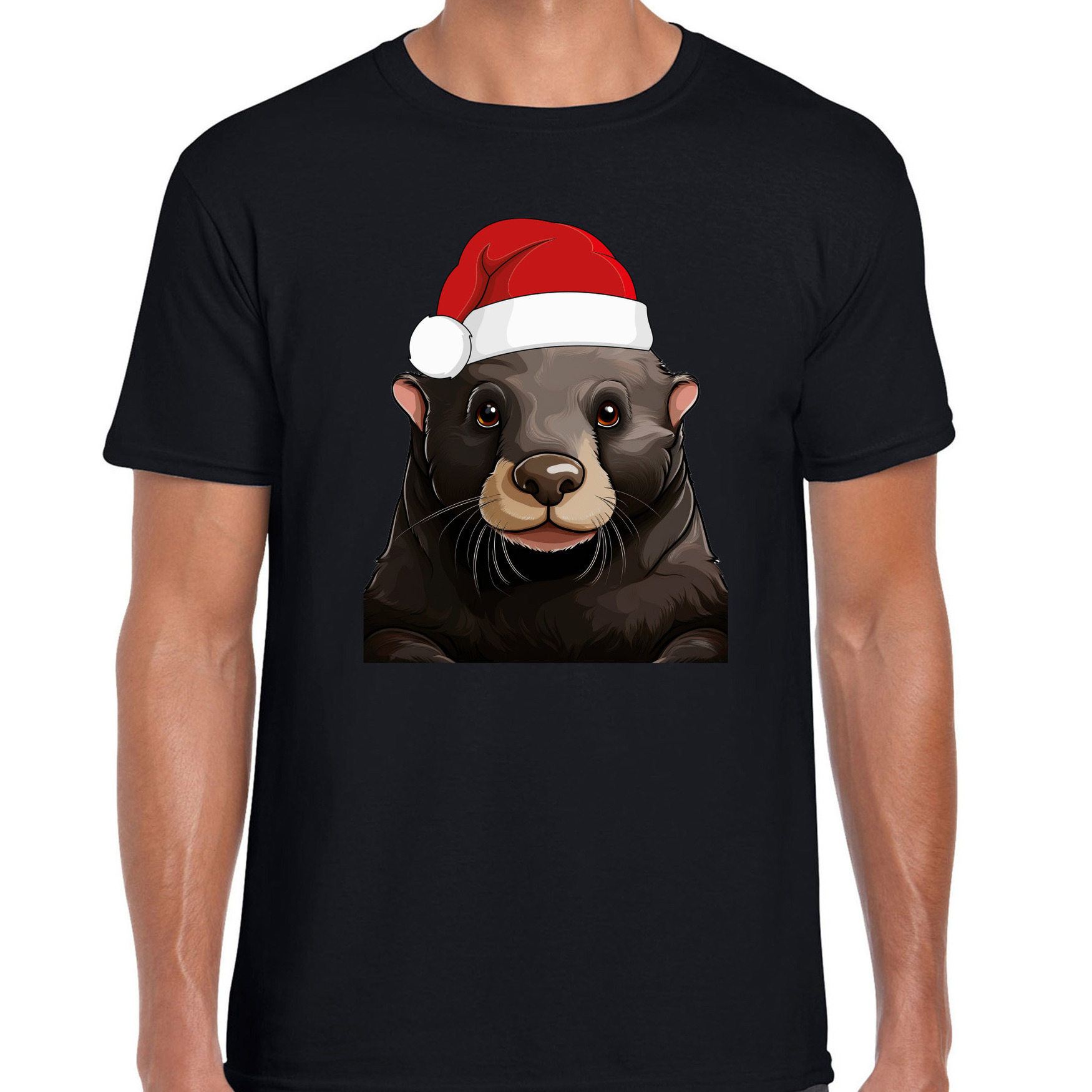 Kerst T-shirt voor heren - (familie) Mol met kerstmuts - zwart - Kerstfeest