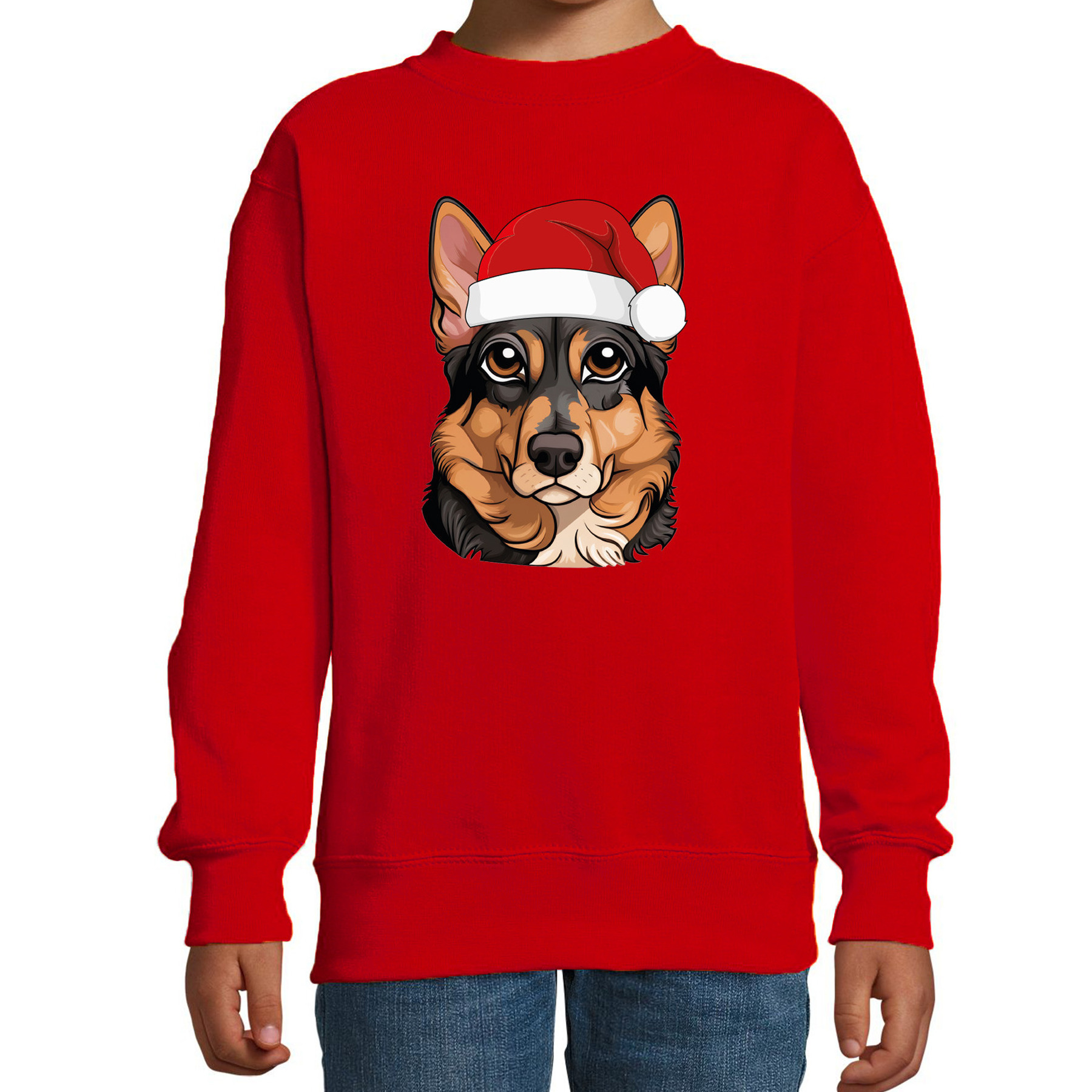 Kersttrui / sweater honden - kinderen - Duitse Herdershond - rood - kerstmuts - Kerstmis