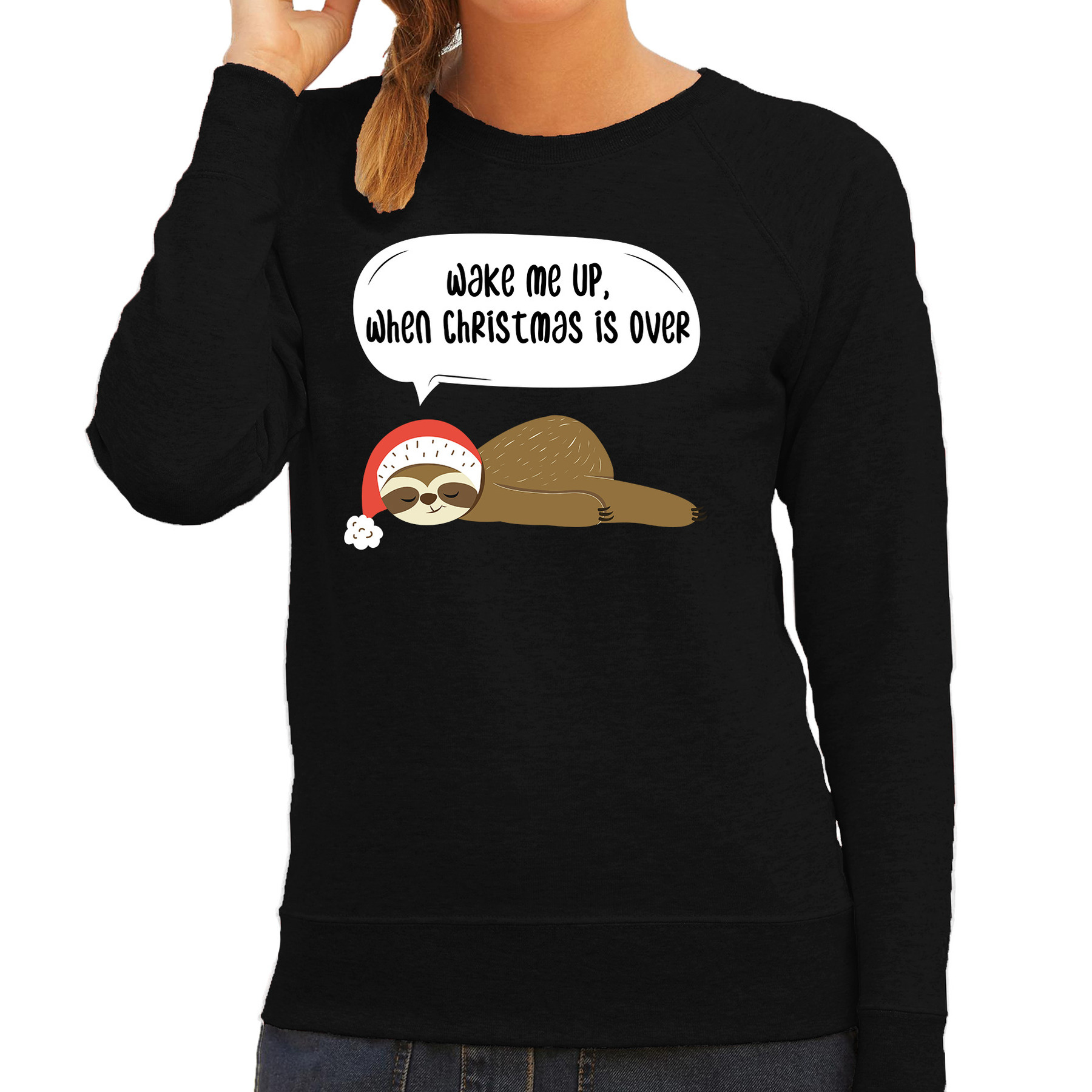 Luiaard Kerstsweater - Wake me up when christmas is over - zwart - voor dames