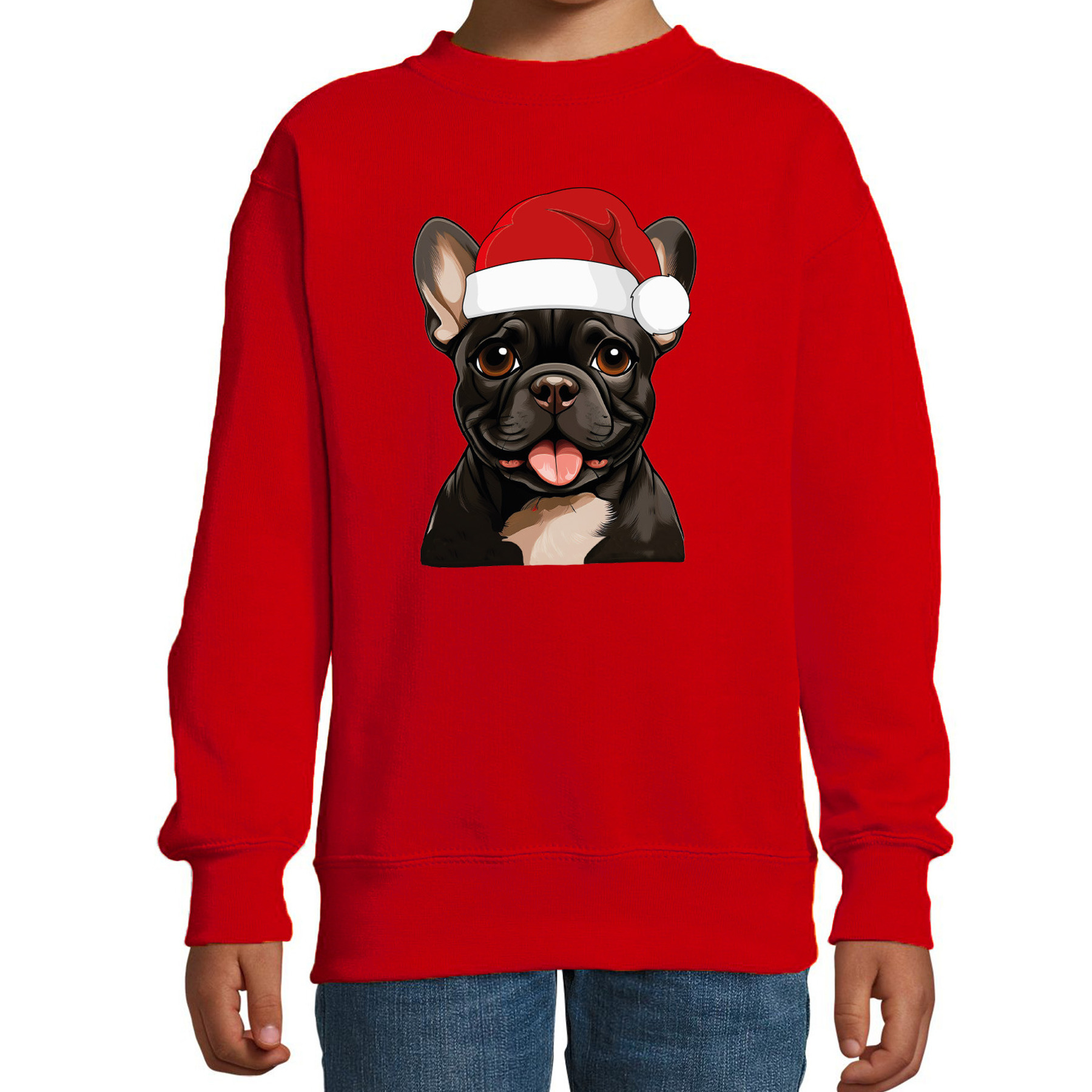 Kersttrui / sweater honden - kinderen - Franse Bulldog - rood - kerstmuts - Kerstmis