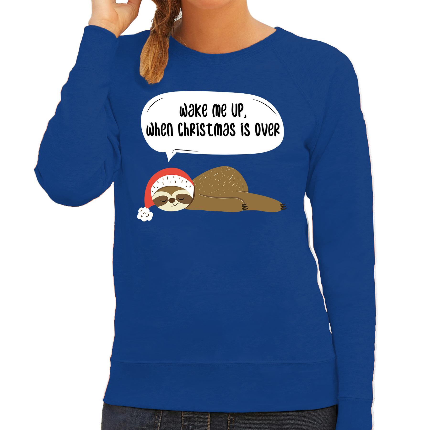 Luiaard Kerstsweater - Wake me up when christmas is over - blauw - voor dames