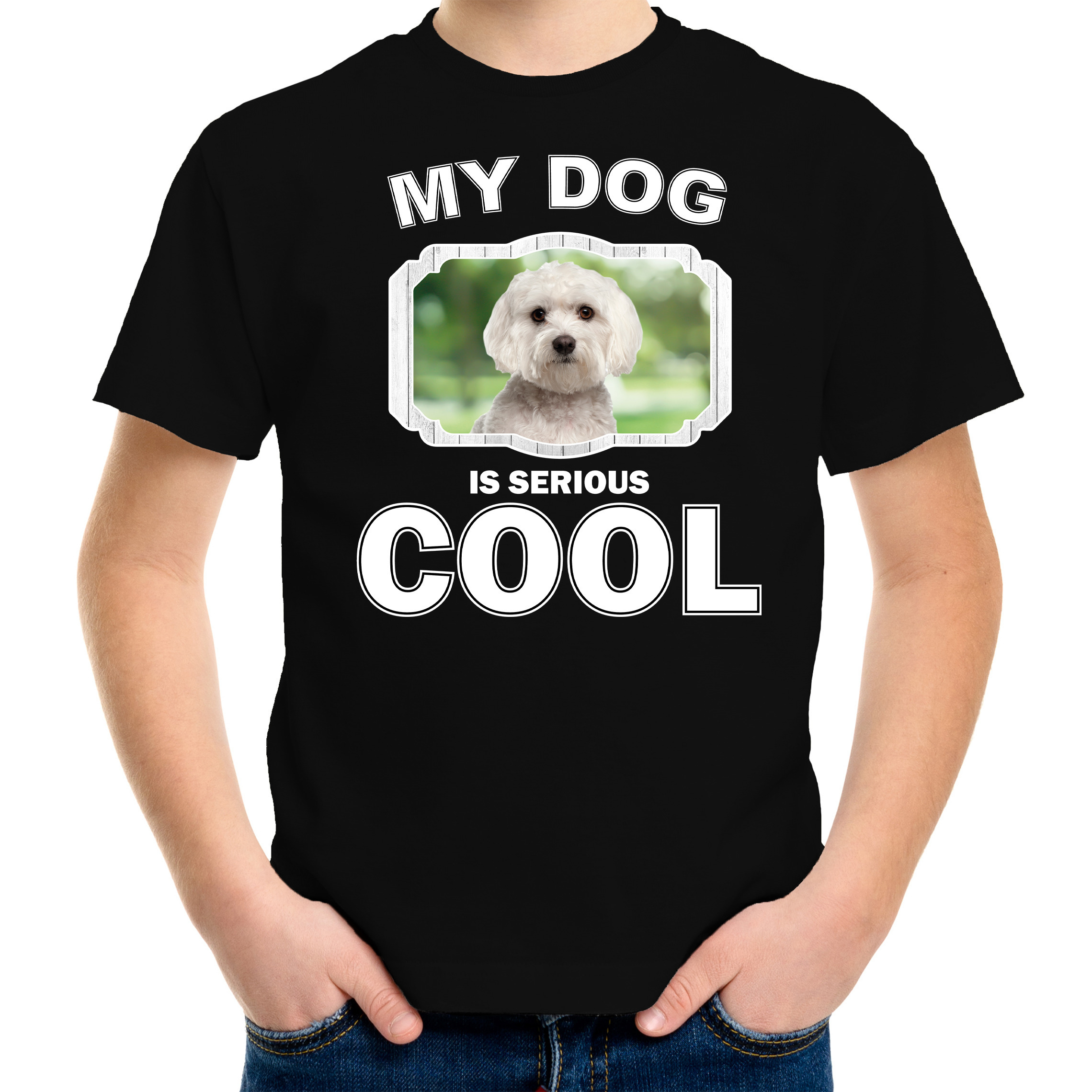 Maltezer honden t-shirt my dog is serious cool zwart voor kinderen