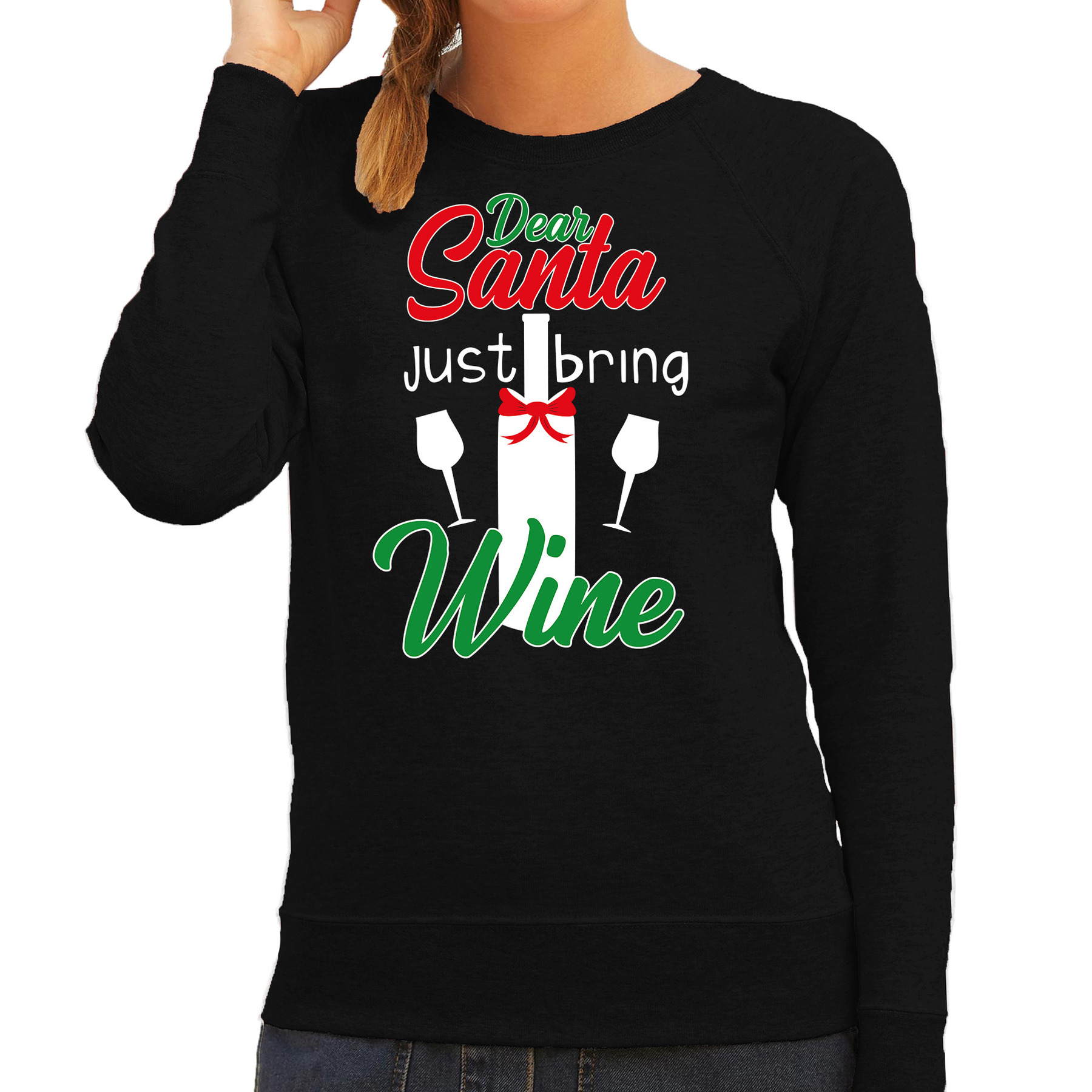 Foute Kersttrui - Dear Santa just bring wine - zwart - dames - Kerstkleding - Drank - Sweater