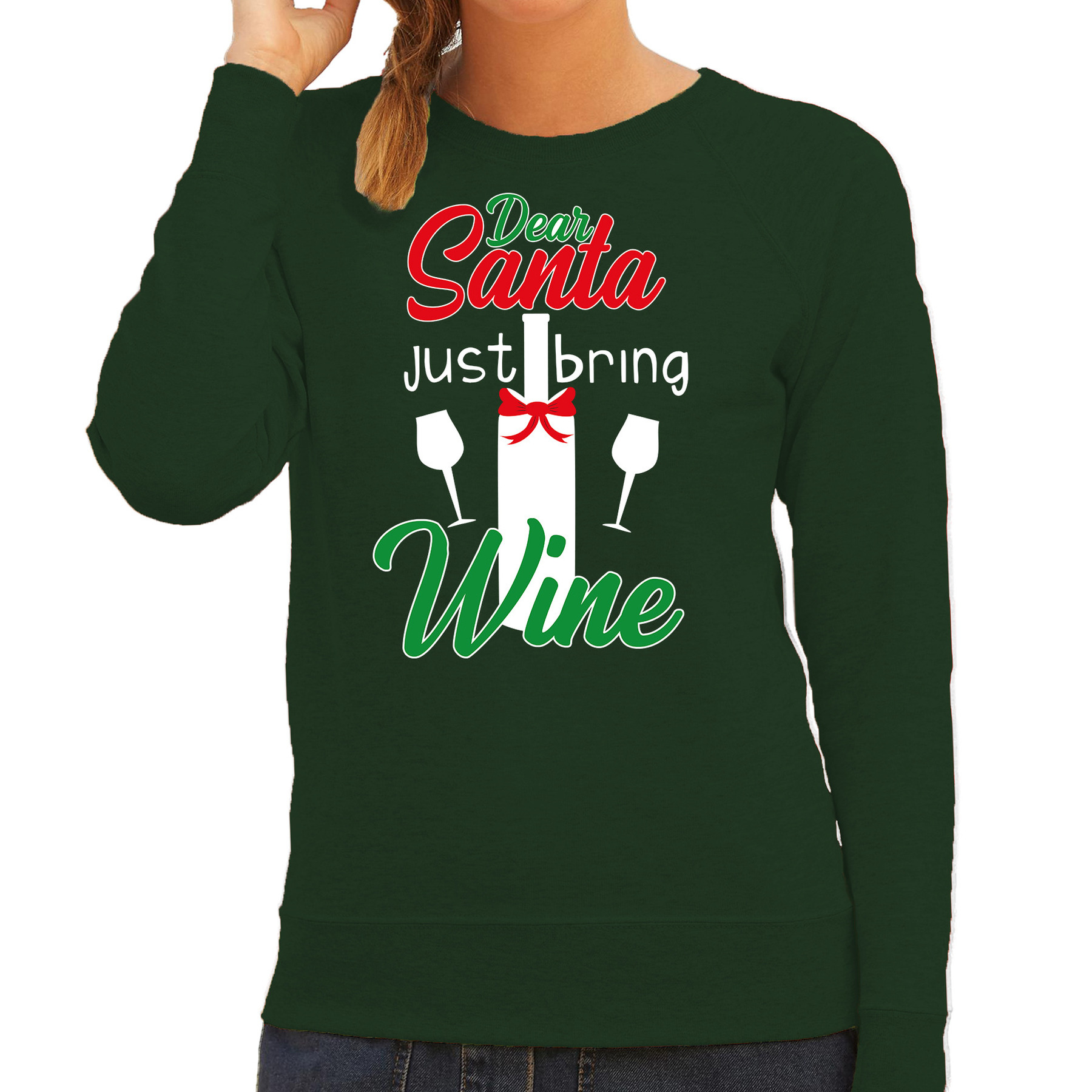 Foute Kersttrui - Dear Santa just bring wine - groen - dames - Kerstkleding - Drank - Sweater