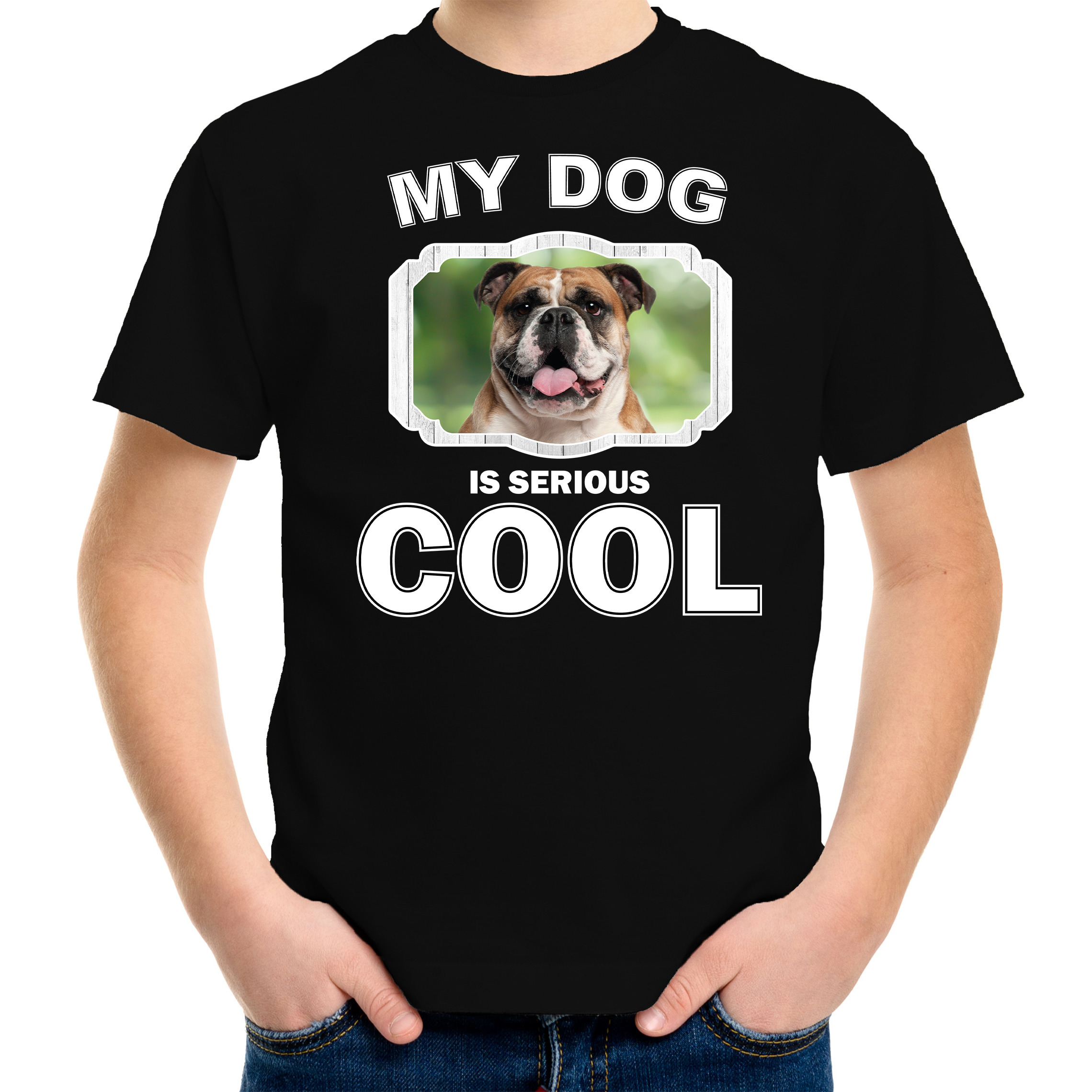 Britse bulldog honden t-shirt my dog is serious cool zwart voor kinderen