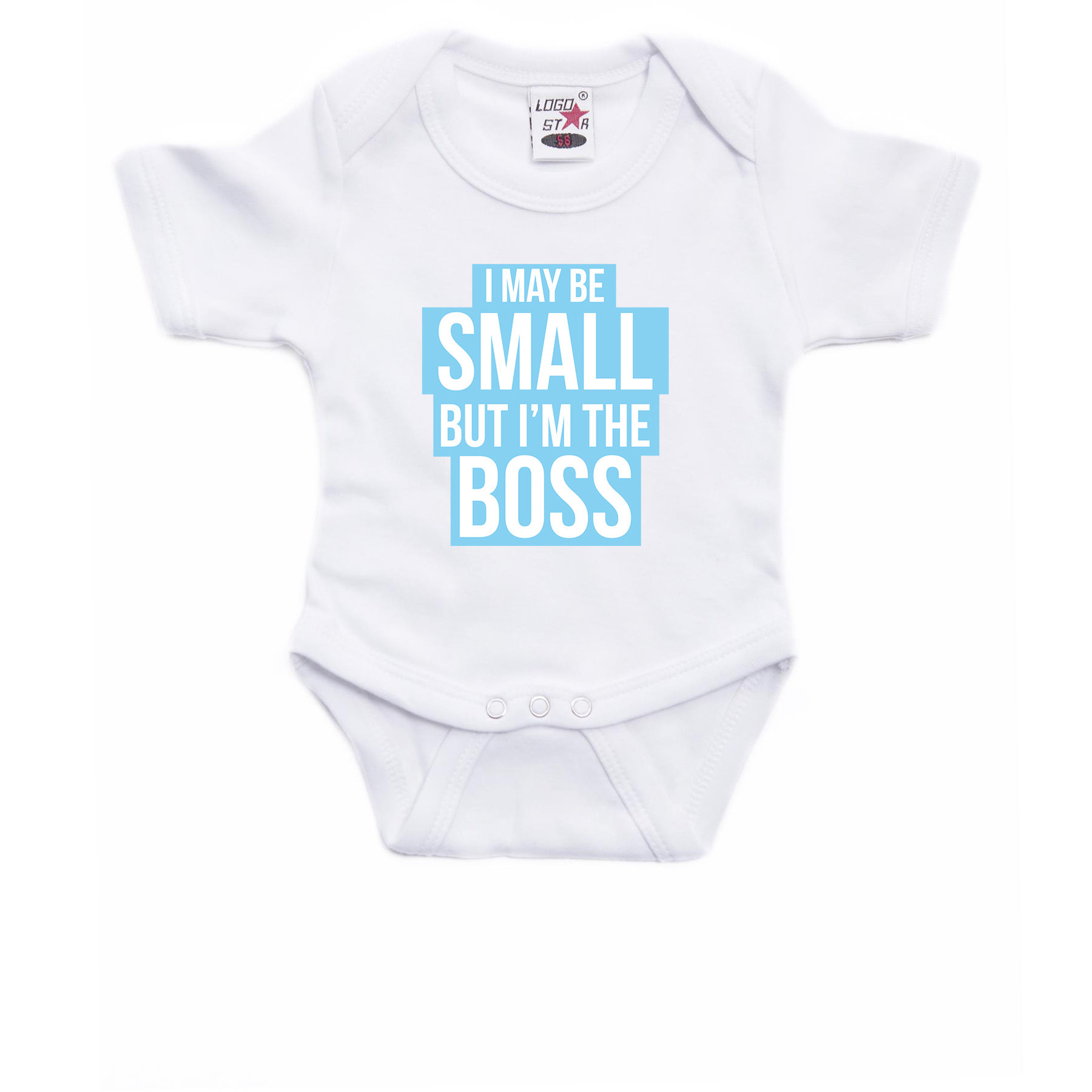 Small but the boss cadeau baby rompertje blauw/wit jongens