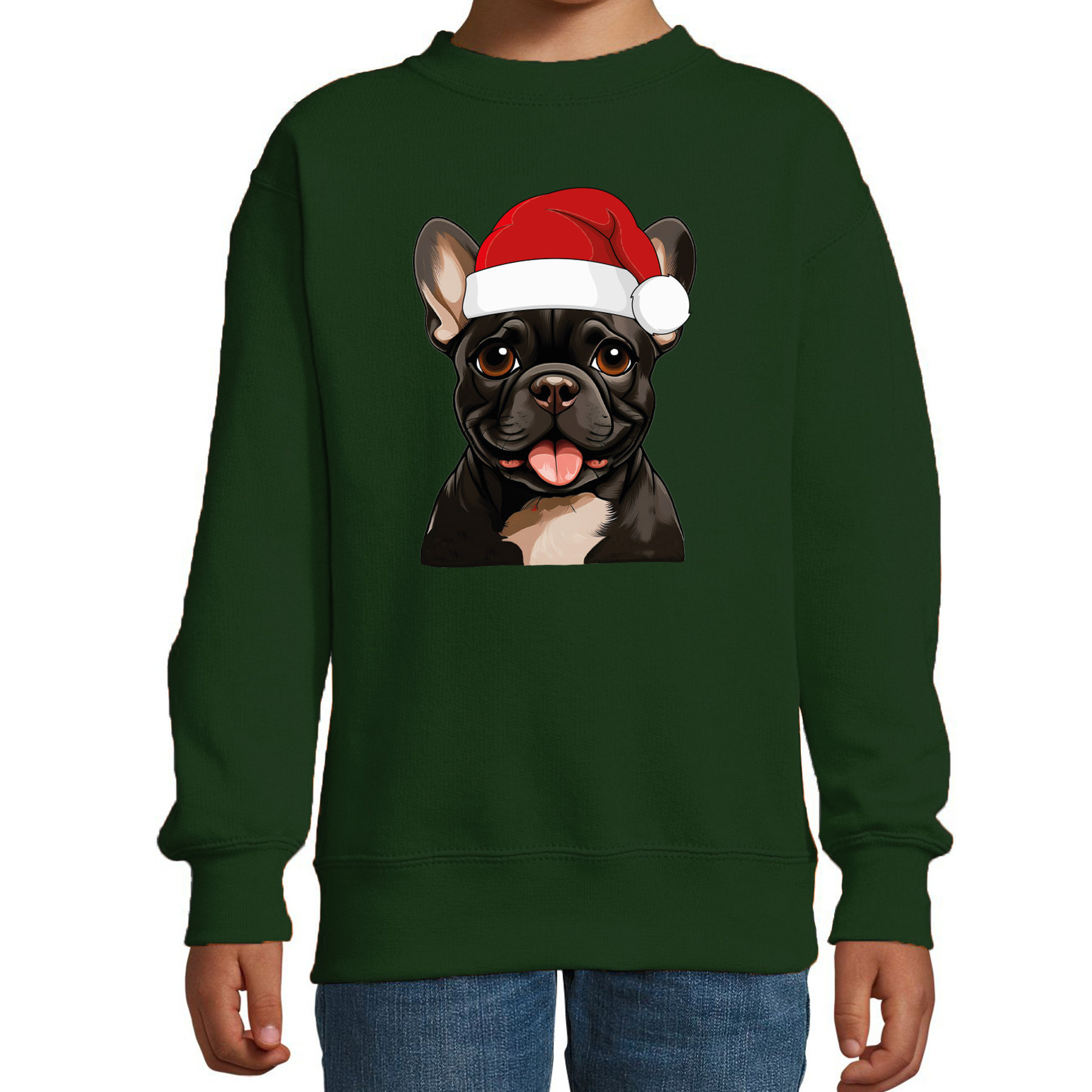 Kersttrui / sweater honden - kinderen - Franse Bulldog - groen - kerstmuts - Kerstmis