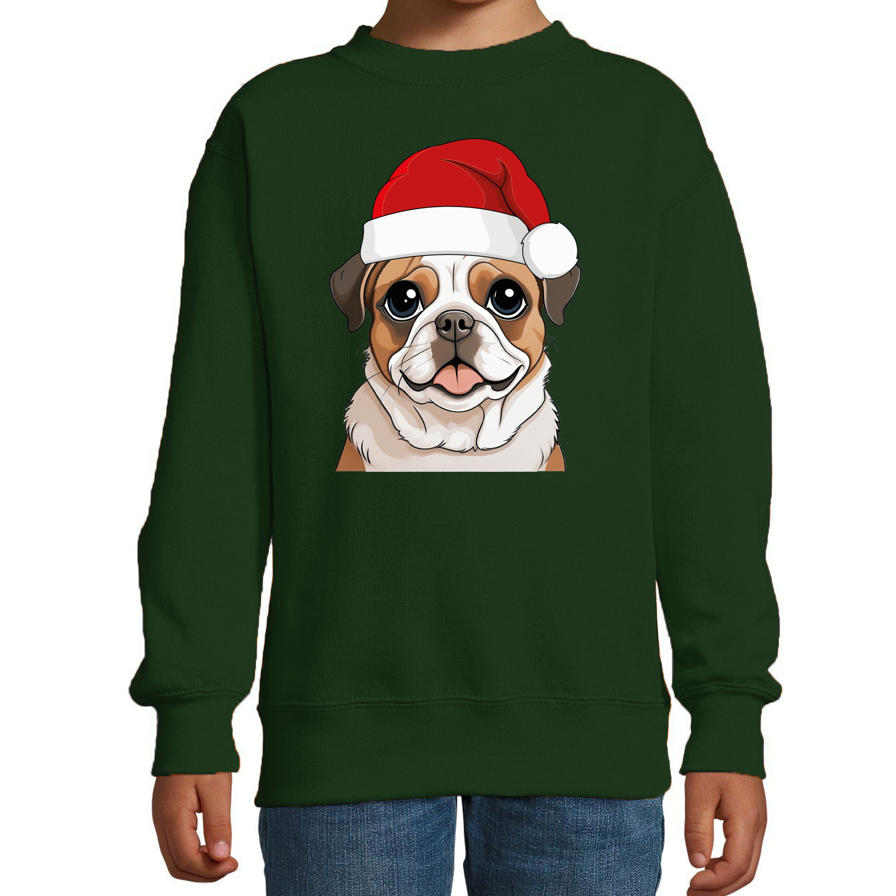 Kersttrui / sweater honden - kinderen - Mopshondje - groen - kerstmuts - Kerstmis