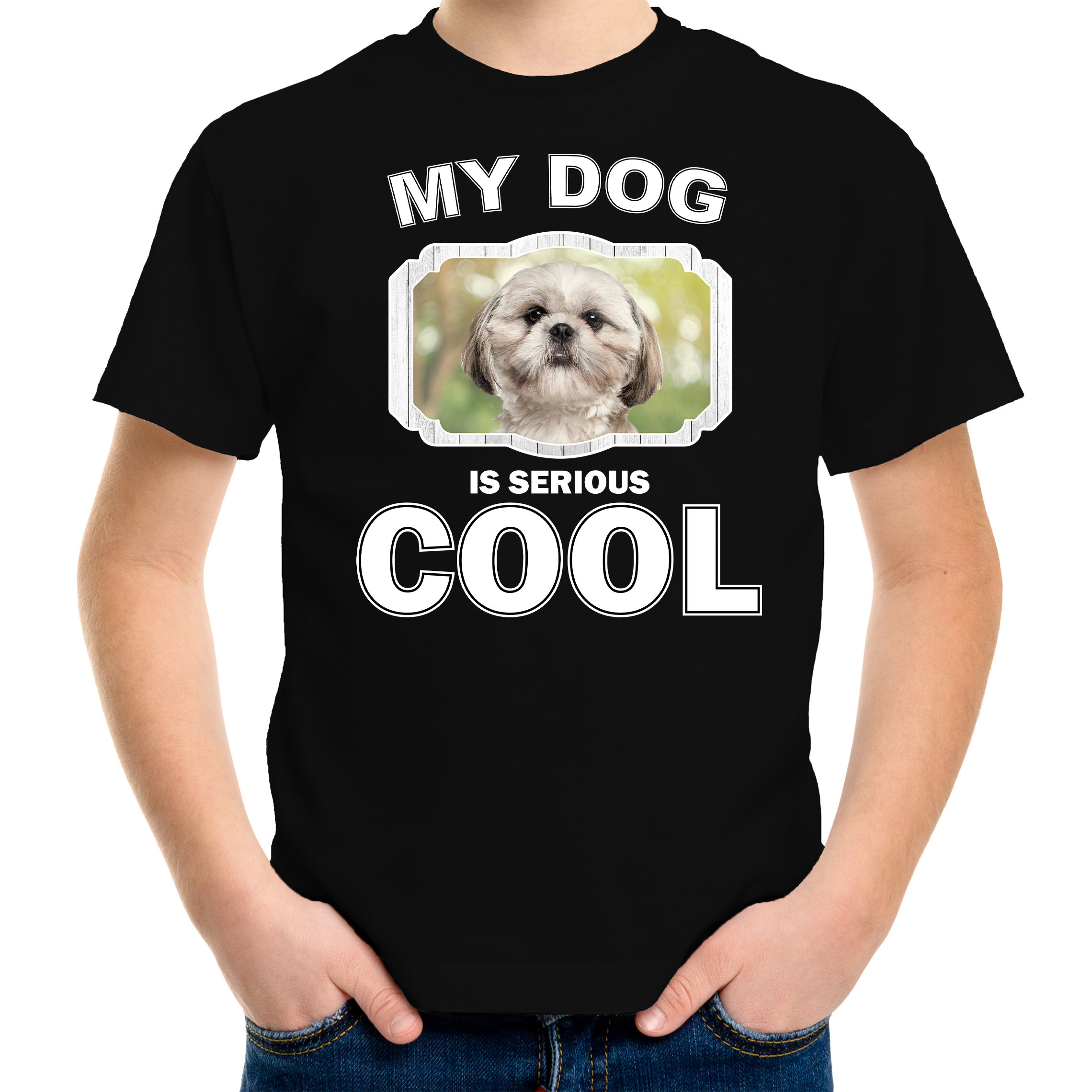 Shih tzu honden t-shirt my dog is serious cool zwart voor kinderen