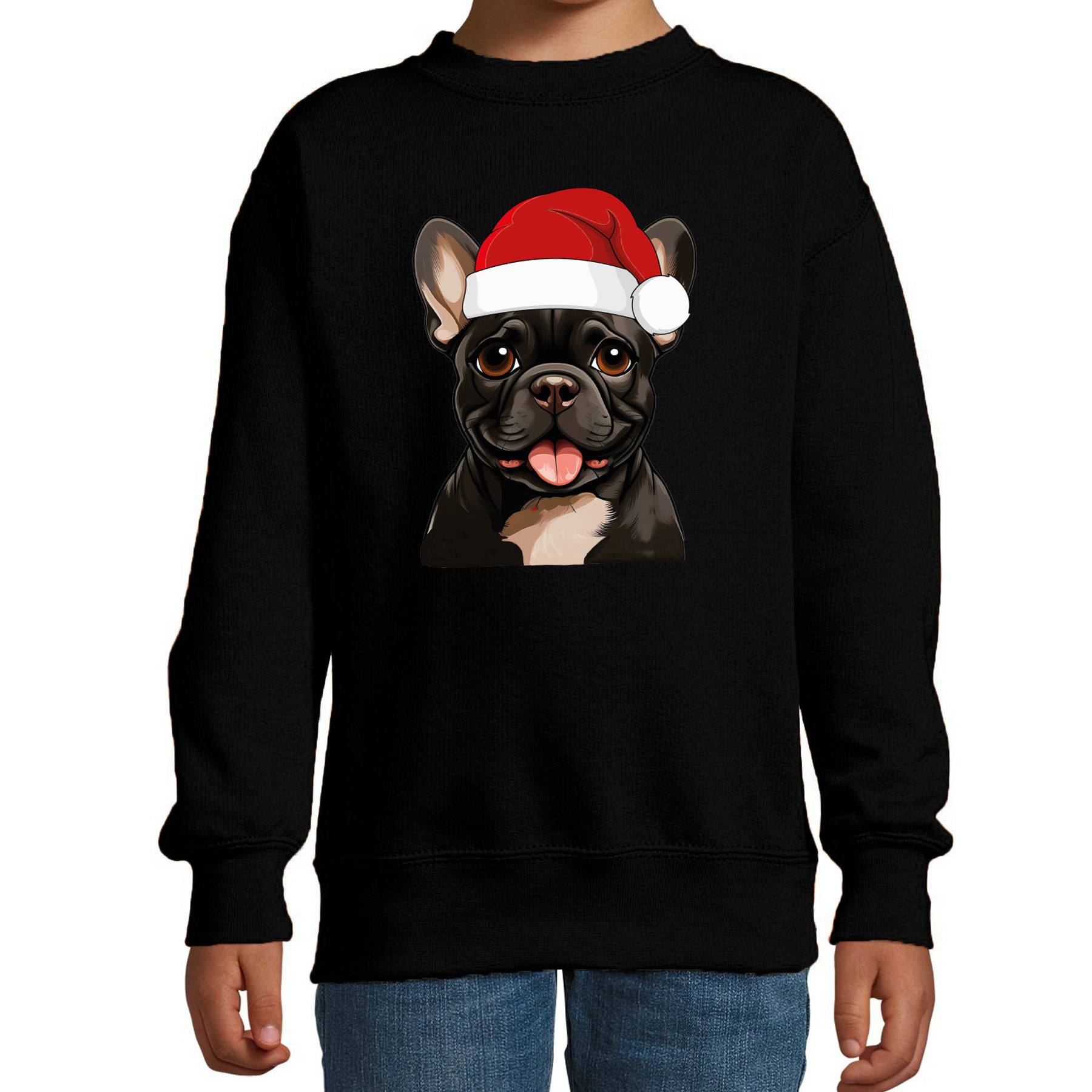 Kersttrui / sweater honden - kinderen - Franse Bulldog - zwart - kerstmuts - Kerstmis
