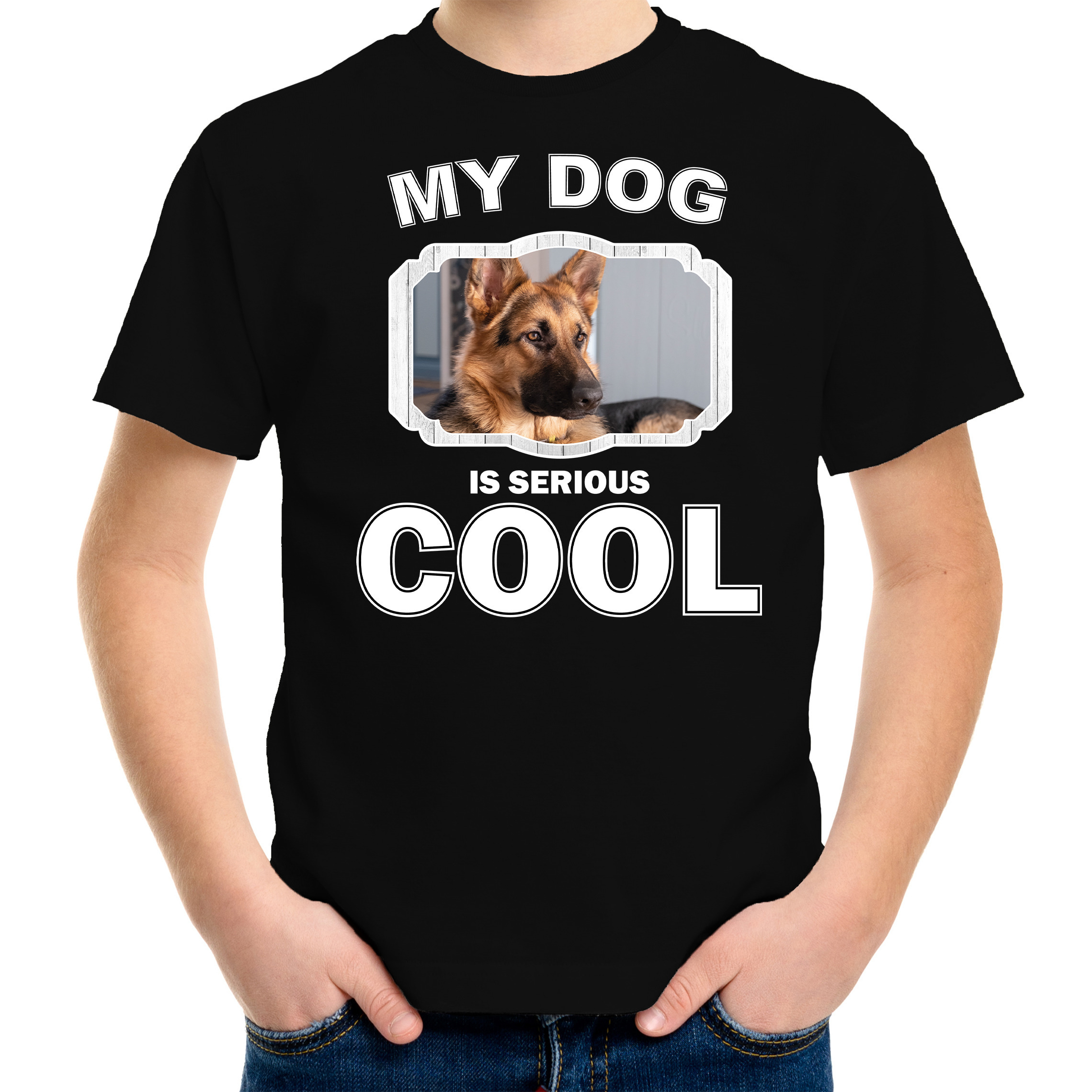 Duitse herder honden t-shirt my dog is serious cool zwart voor kinderen