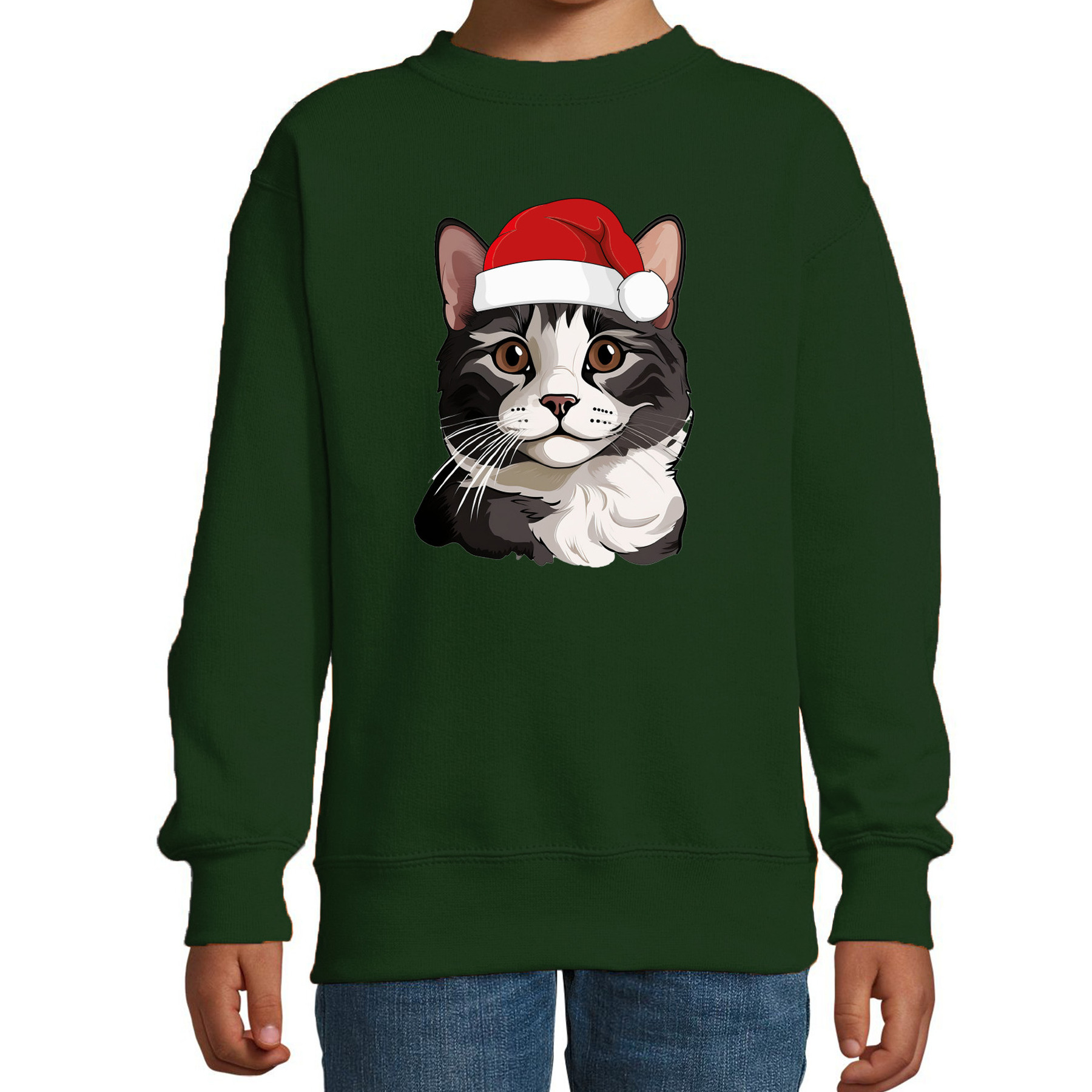 Kersttrui / sweater katten/poezen - kinderen - grijze kat/poes - groen - kerstmuts - Kerstmis