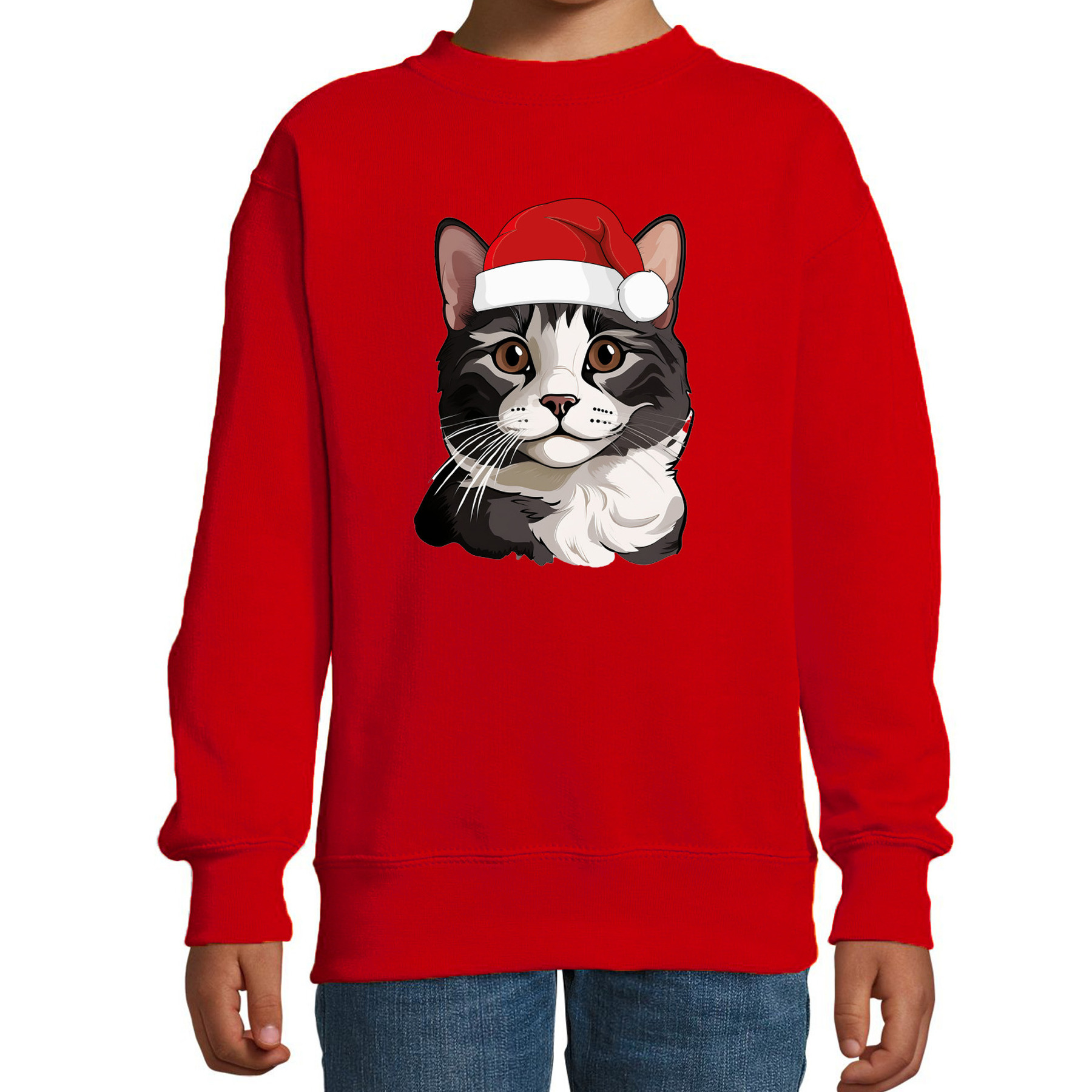 Kersttrui / sweater katten/poezen - kinderen - grijze kat/poes - rood - kerstmuts - Kerstmis