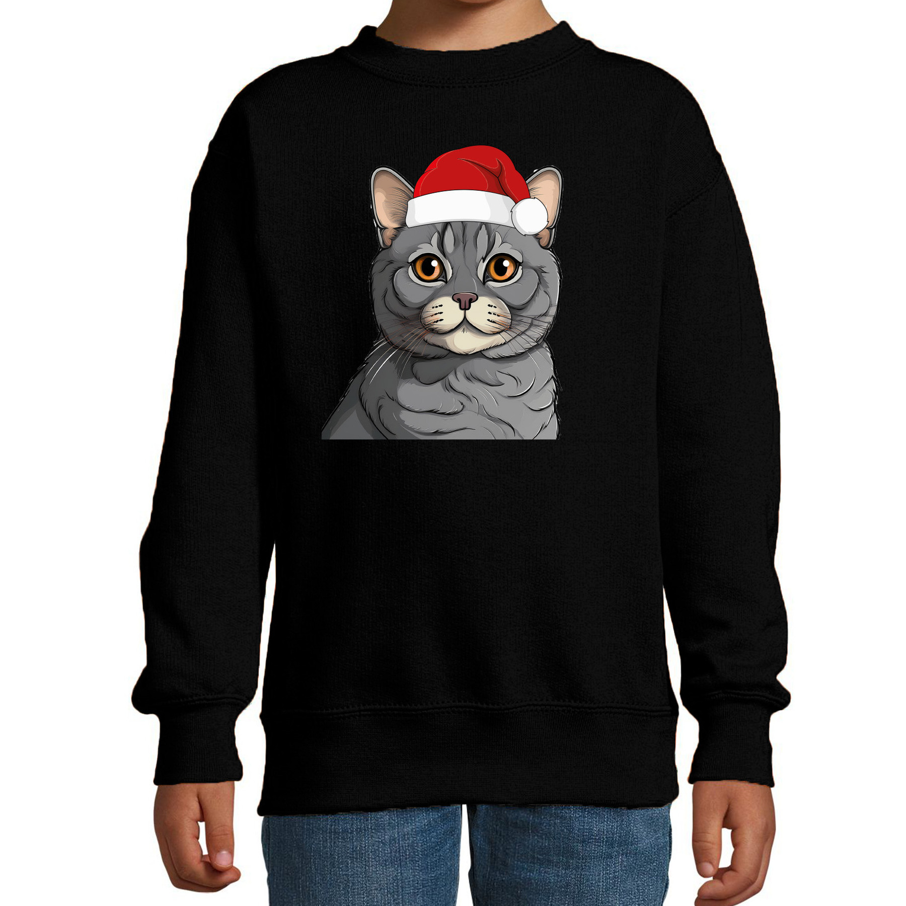 Kersttrui / sweater katten/poezen - kinderen - grijze kat/poes - zwart - kerstmuts - Kerstmis