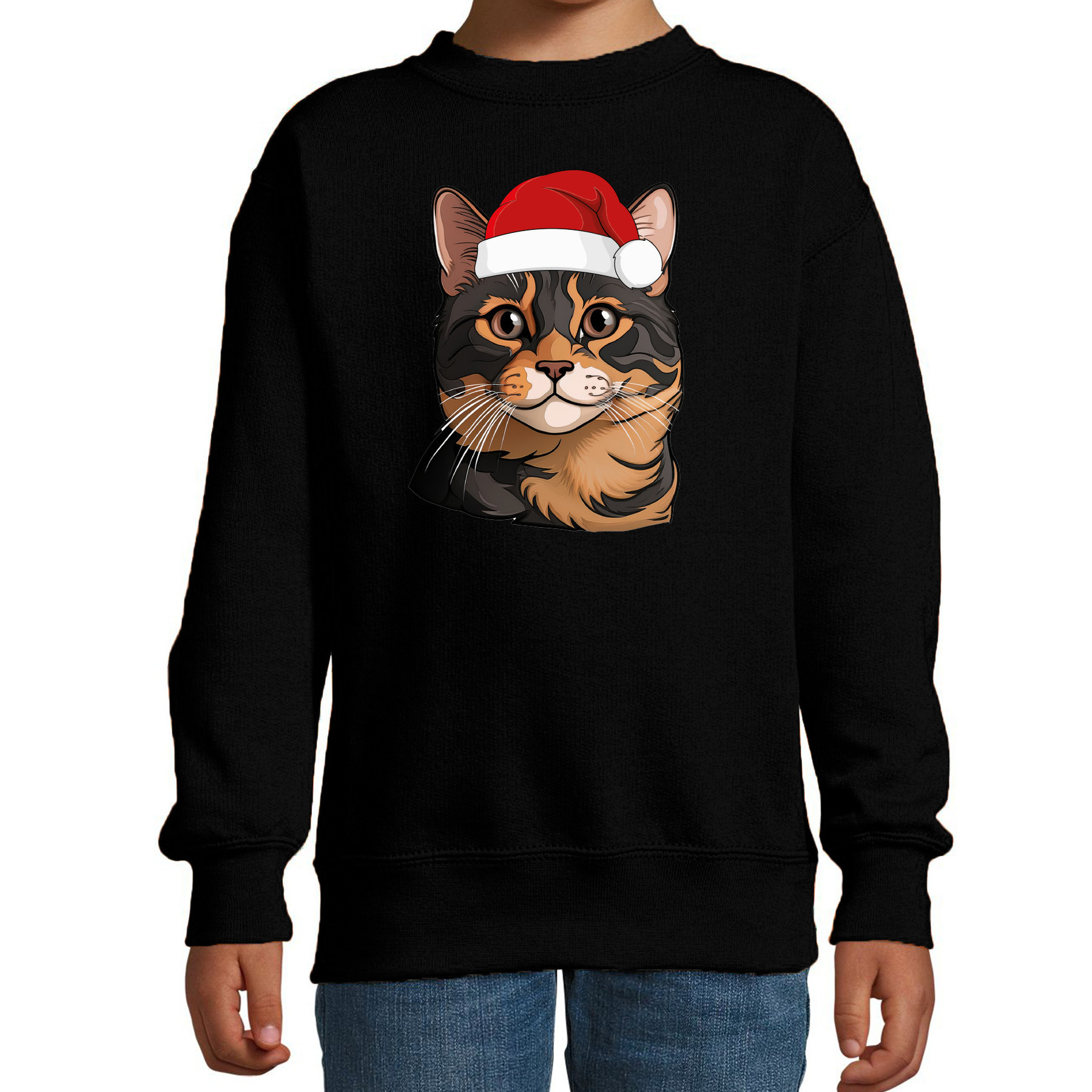 Kersttrui / sweater katten/poezen - kinderen - bruine kat/poes - zwart - kerstmuts - Kerstmis