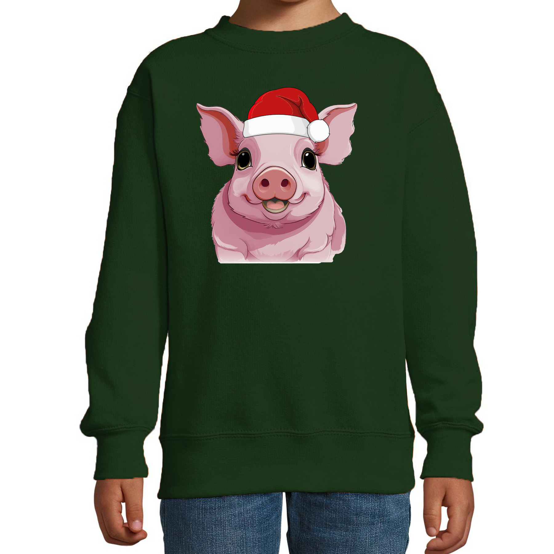 Kersttrui / sweater boerderijdieren - kinderen - Varken - groen - kerstmuts - Kerstmis