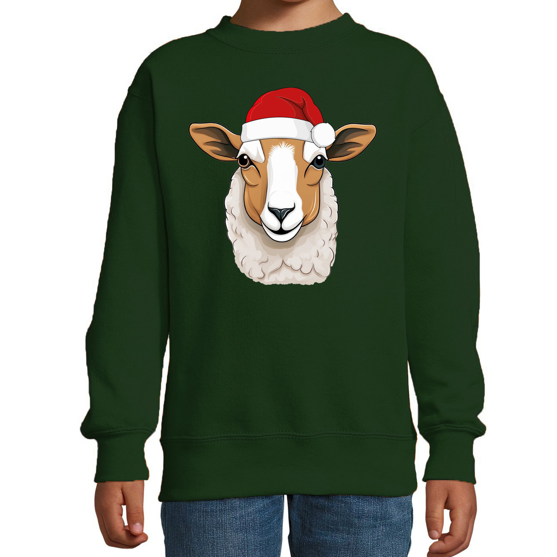 Kersttrui / sweater boerderijdieren - kinderen - Schaap - groen - kerstmuts - Kerstmis