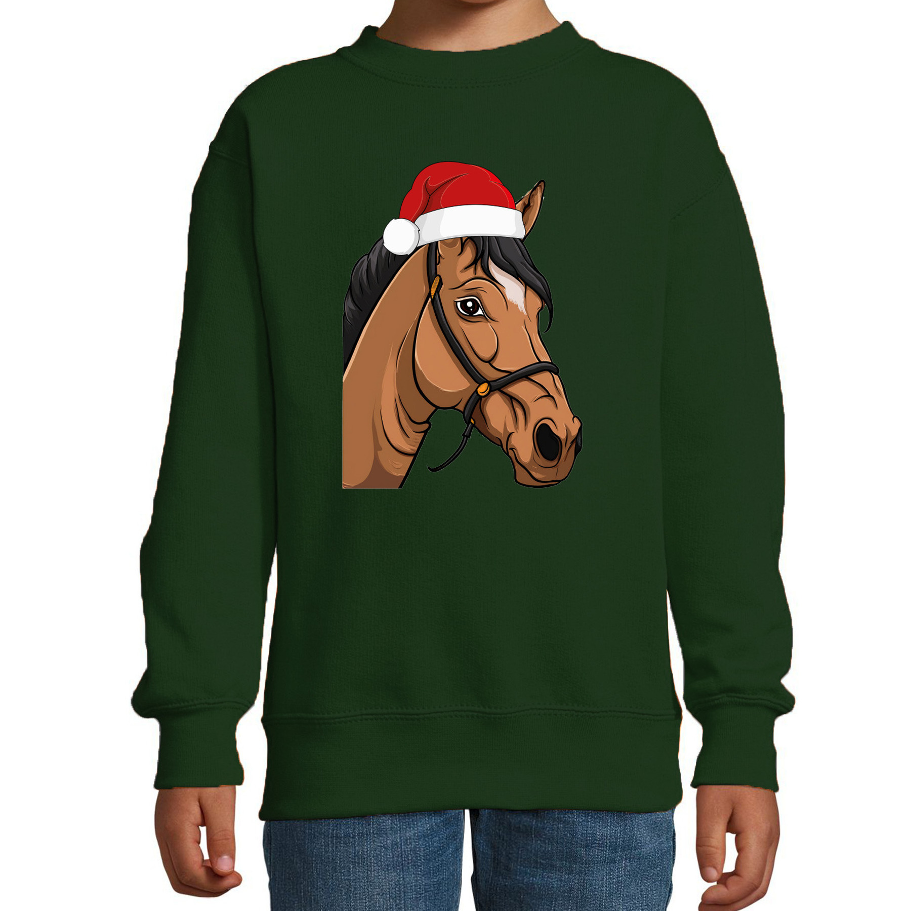 Kersttrui / sweater boerderijdieren - kinderen - Paard - groen - kerstmuts - Kerstmis