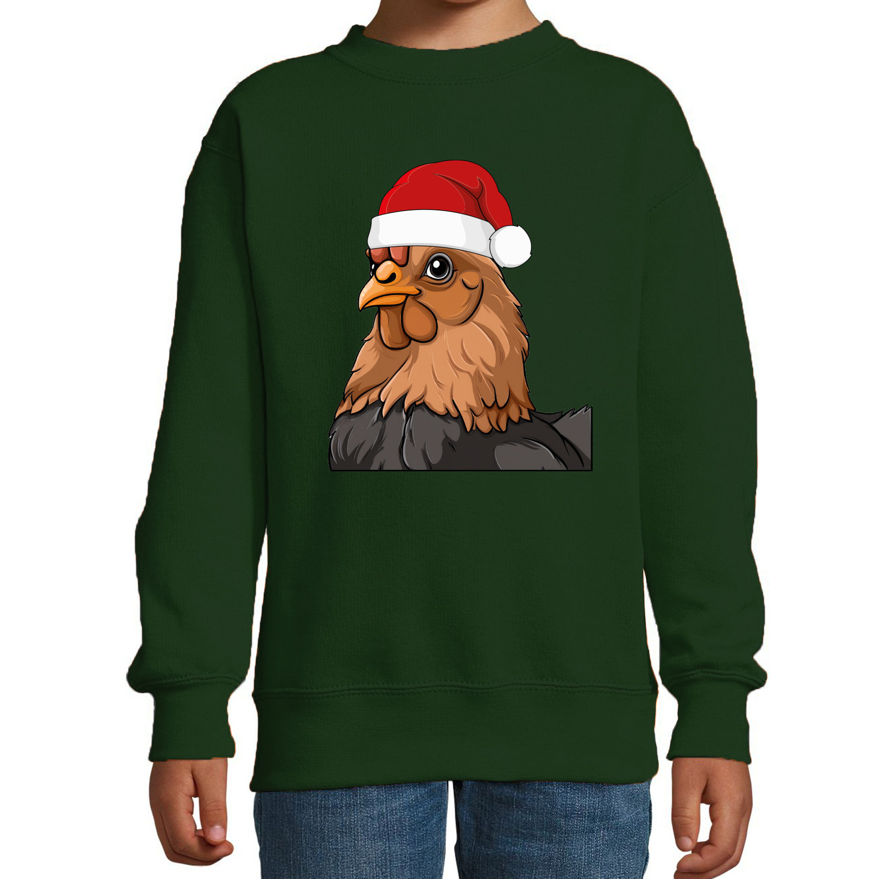 Kersttrui / sweater boerderijdieren - kinderen - Kip - groen - kerstmuts - Kerstmis
