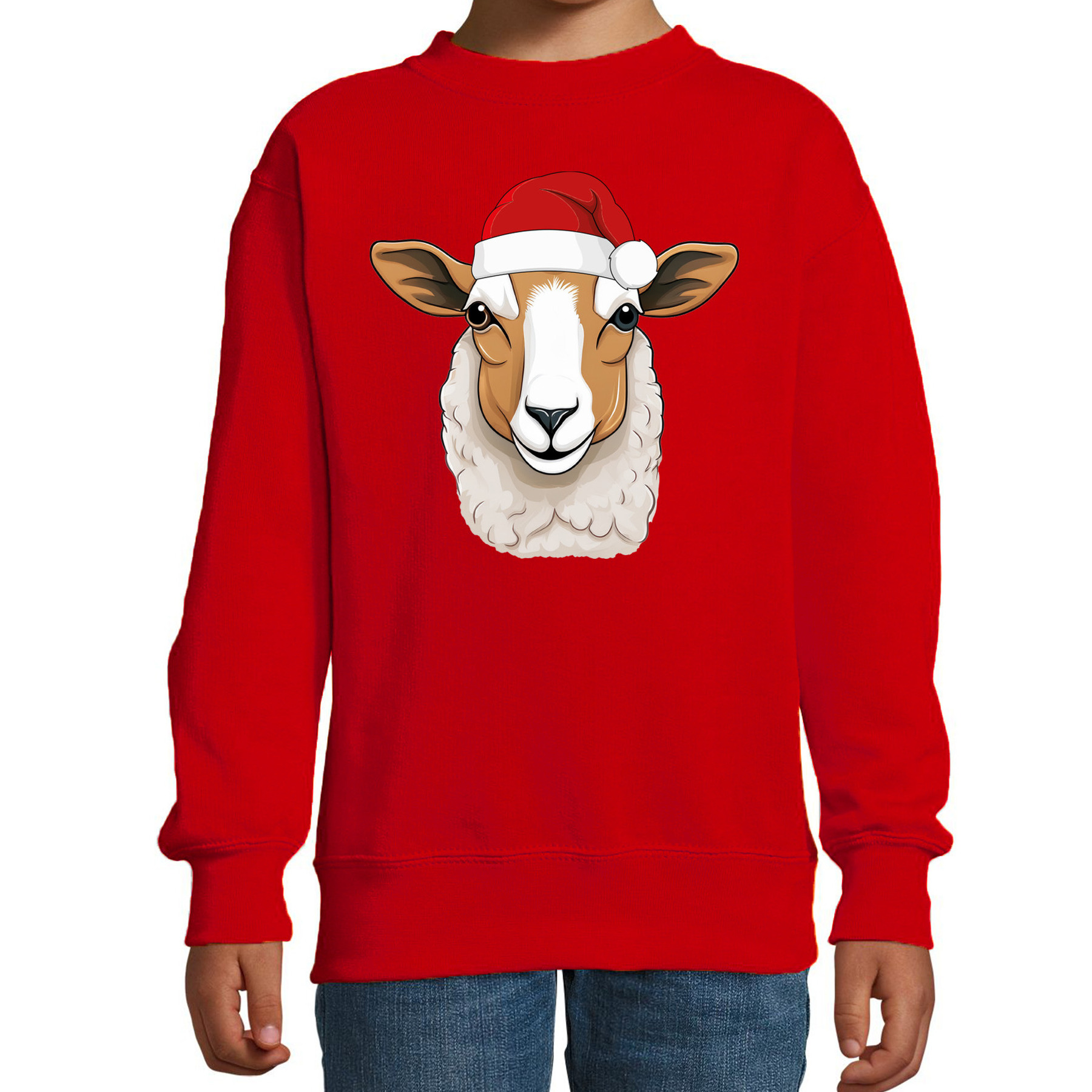 Kersttrui / sweater boerderijdieren - kinderen - Schaap - rood - kerstmuts - Kerstmis