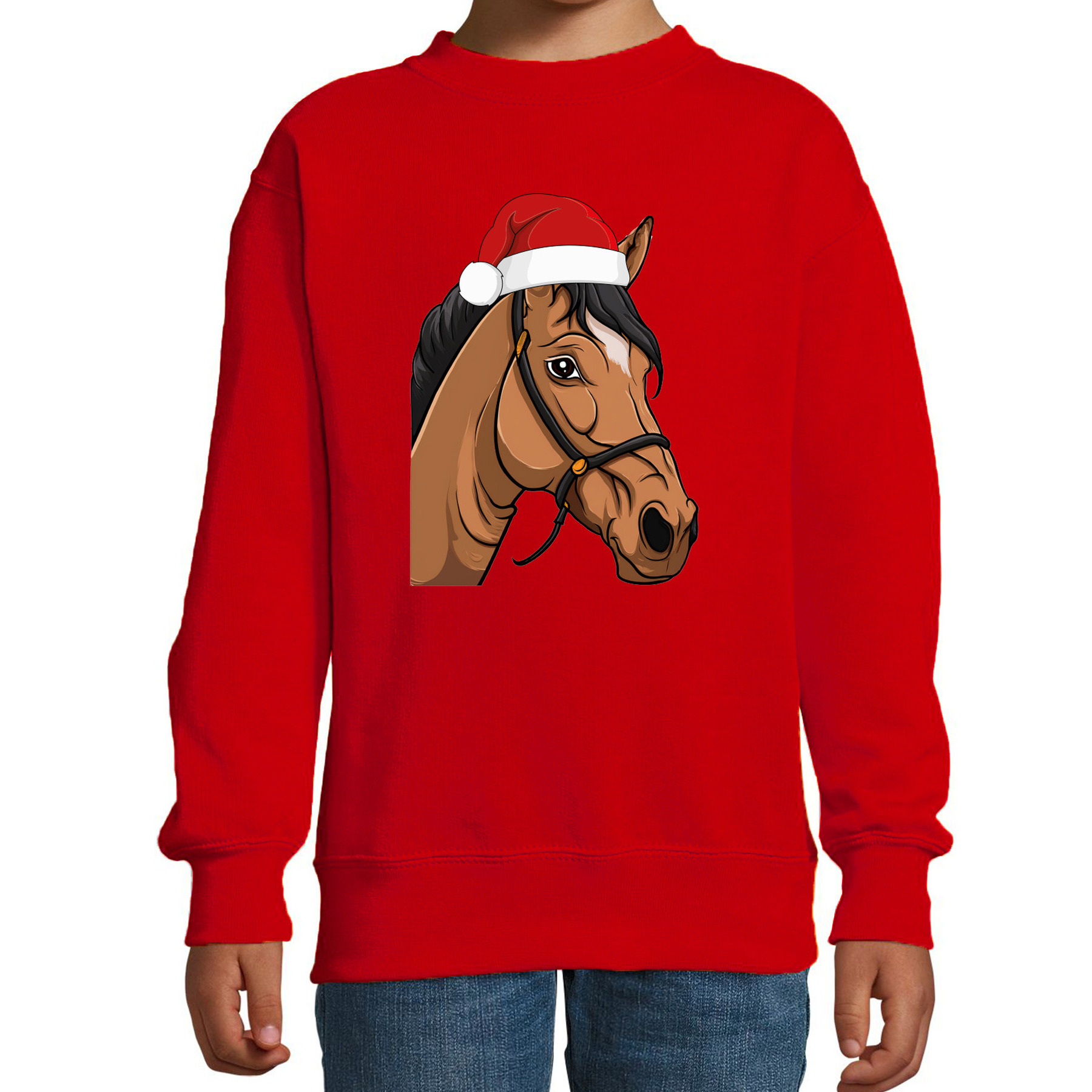 Kersttrui / sweater boerderijdieren - kinderen - Paard - rood - kerstmuts - Kerstmis